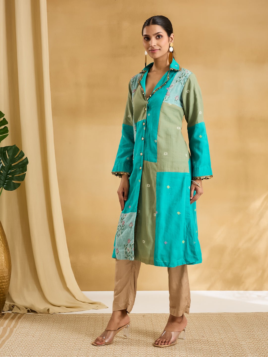 Jamdani Embroidered Patch Coat - Turquoise - Charkha TalesJamdani Embroidered Patch Coat - Turquoise