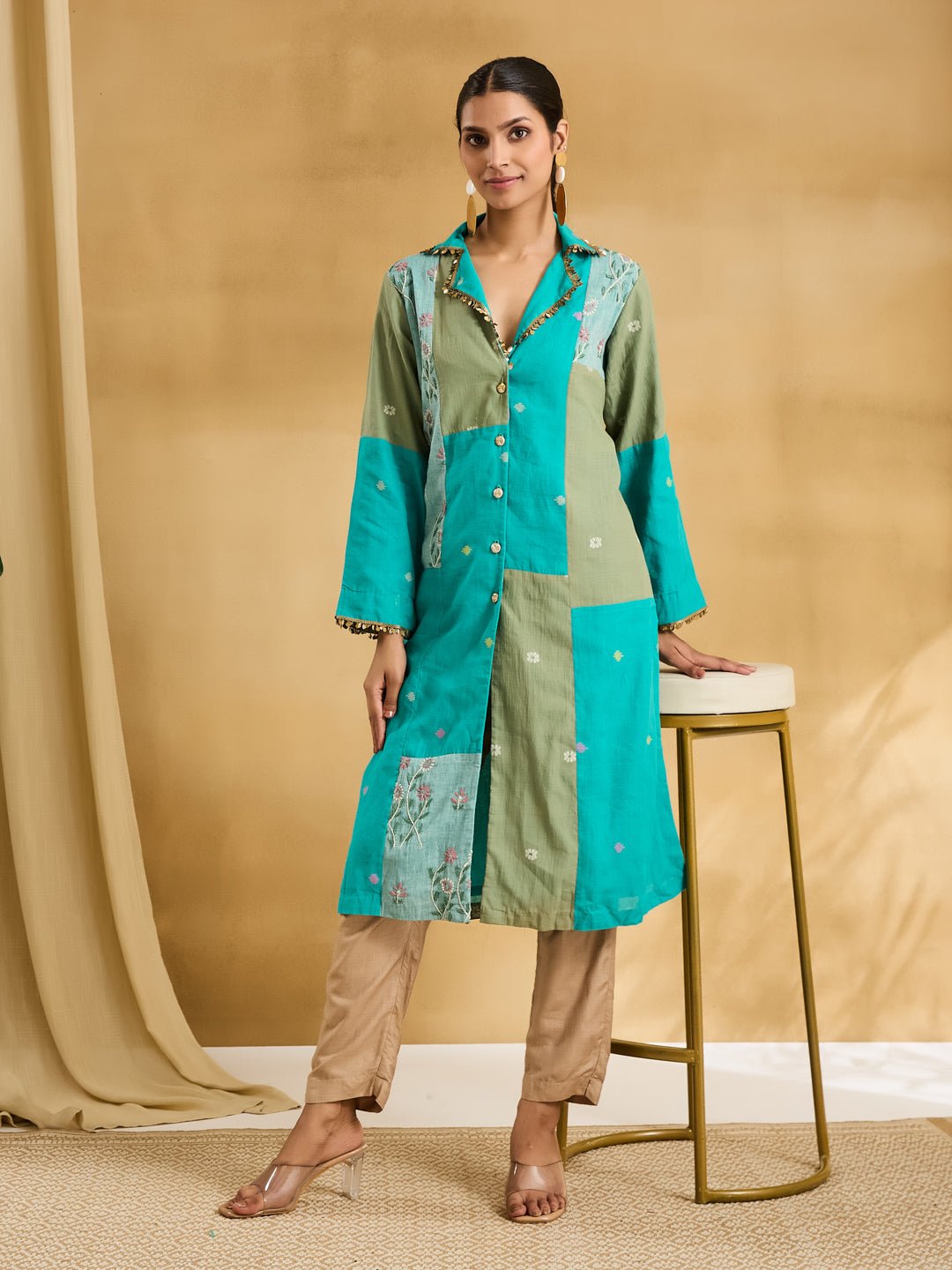 Jamdani Embroidered Patch Coat - Turquoise - Charkha TalesJamdani Embroidered Patch Coat - Turquoise