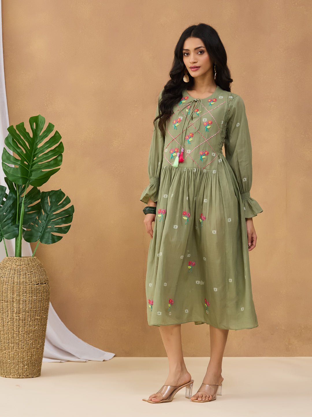 Jamdani Front Tie - Up Dress - Olive Green - Charkha TalesJamdani Front Tie - Up Dress - Olive Green