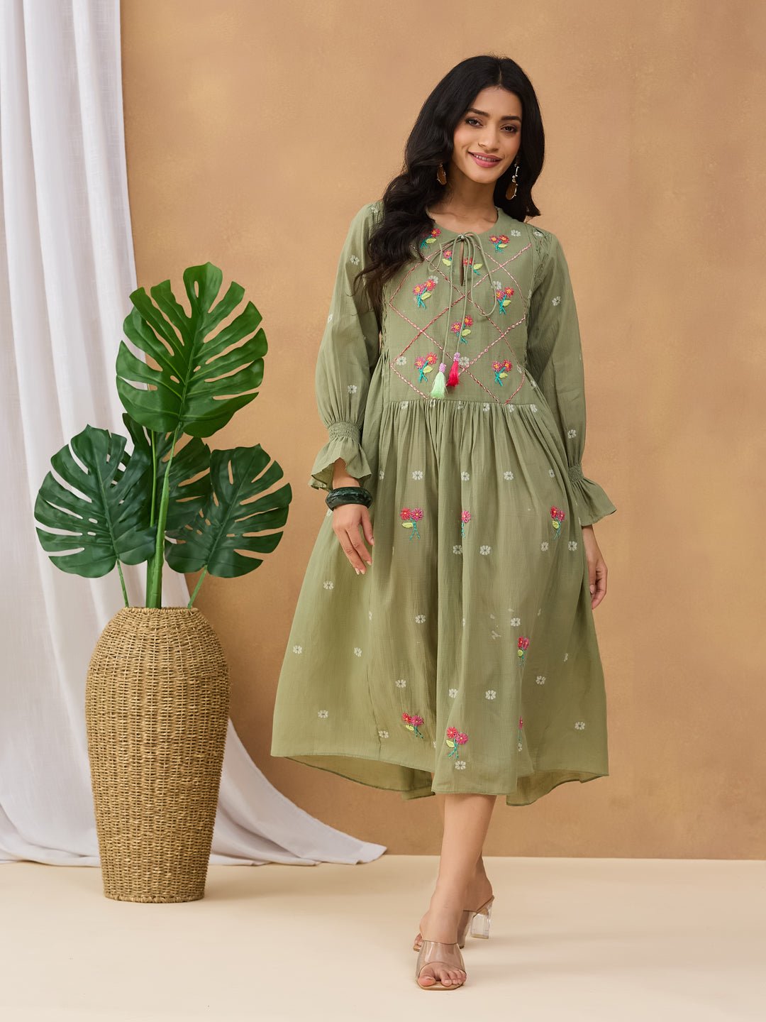 Jamdani Front Tie - Up Dress - Olive Green - Charkha TalesJamdani Front Tie - Up Dress - Olive Green