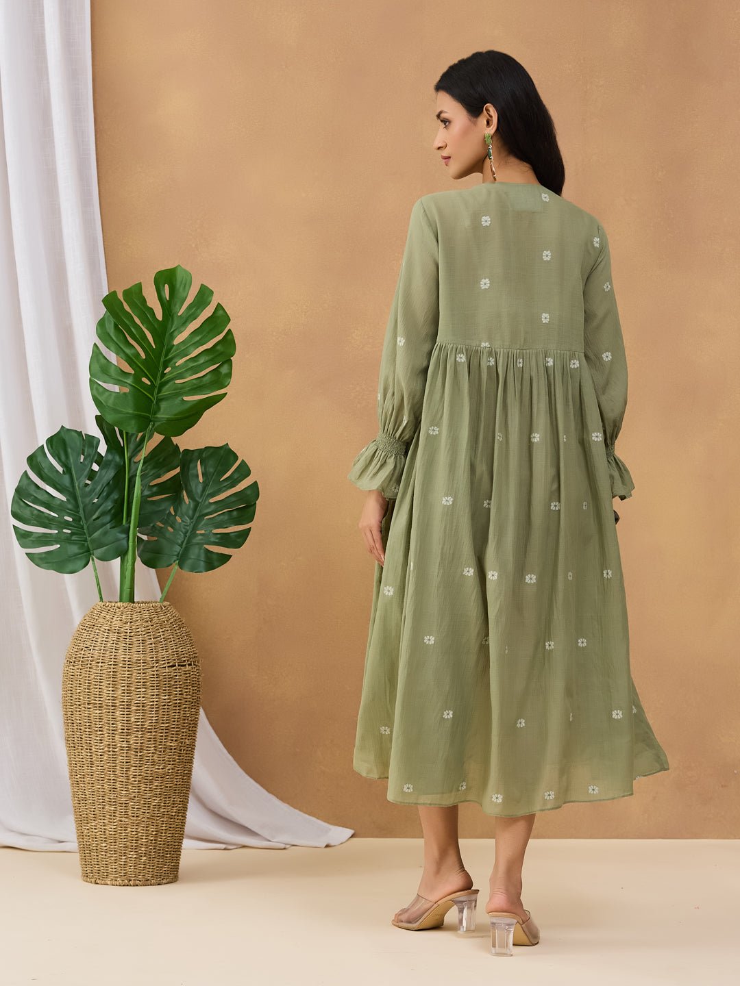 Jamdani Front Tie - Up Dress - Olive Green - Charkha TalesJamdani Front Tie - Up Dress - Olive Green