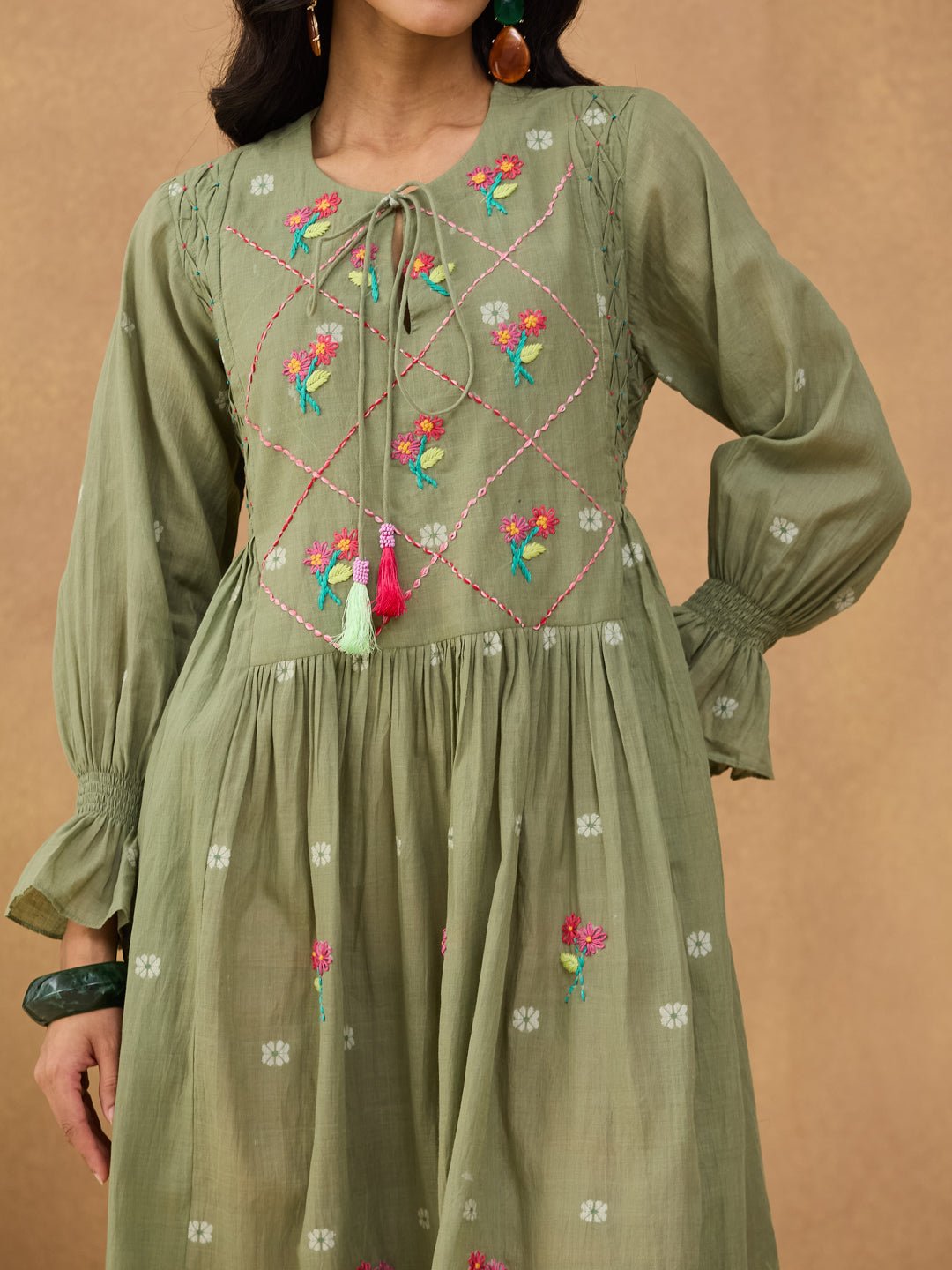 Jamdani Front Tie - Up Dress - Olive Green - Charkha TalesJamdani Front Tie - Up Dress - Olive Green