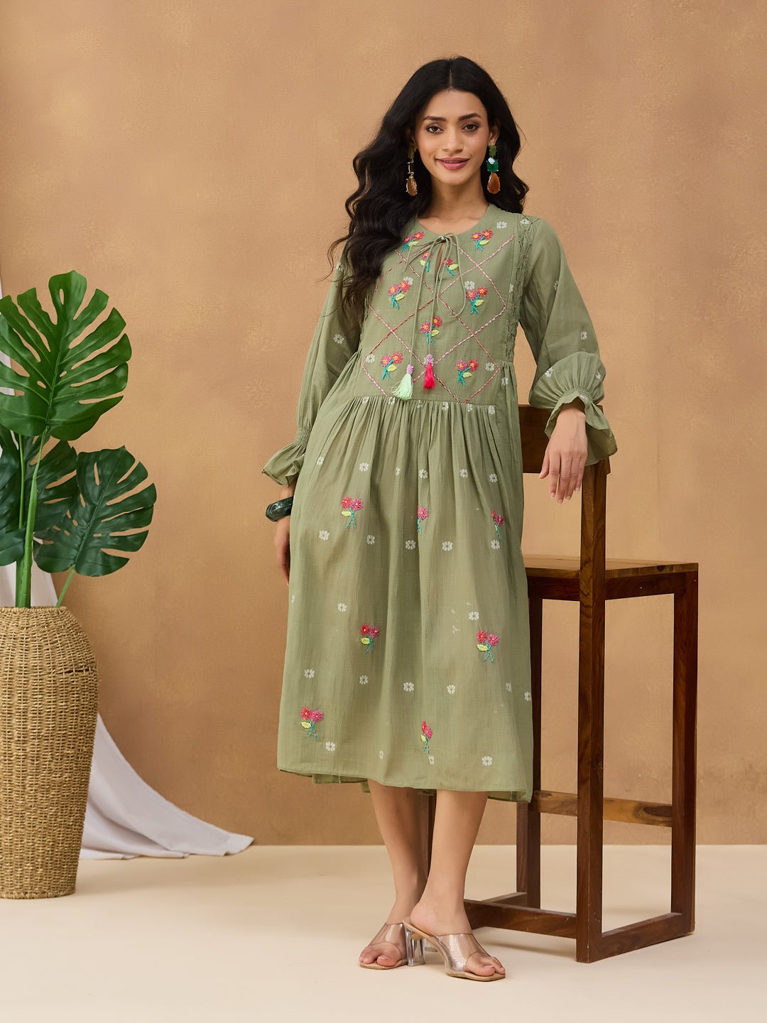 Jamdani Front Tie - Up Dress - Olive Green - Charkha TalesJamdani Front Tie - Up Dress - Olive Green