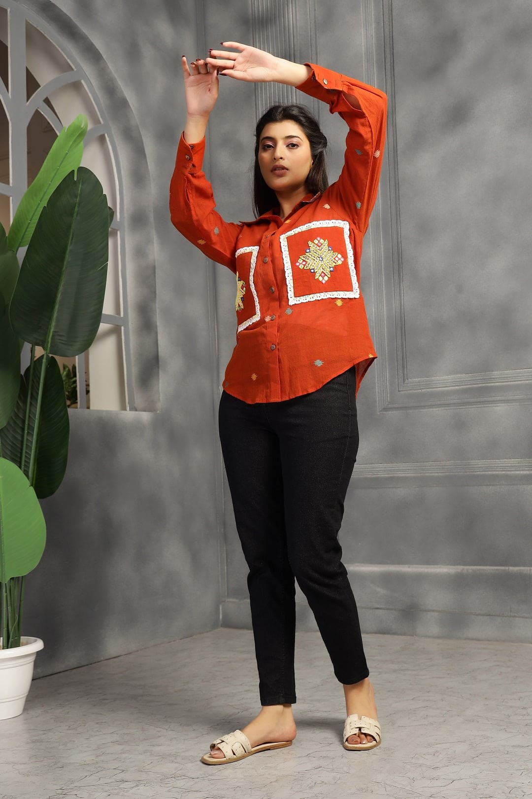 Jamdani Women Shirt - Rust - Charkha TalesJamdani Women Shirt - Rust