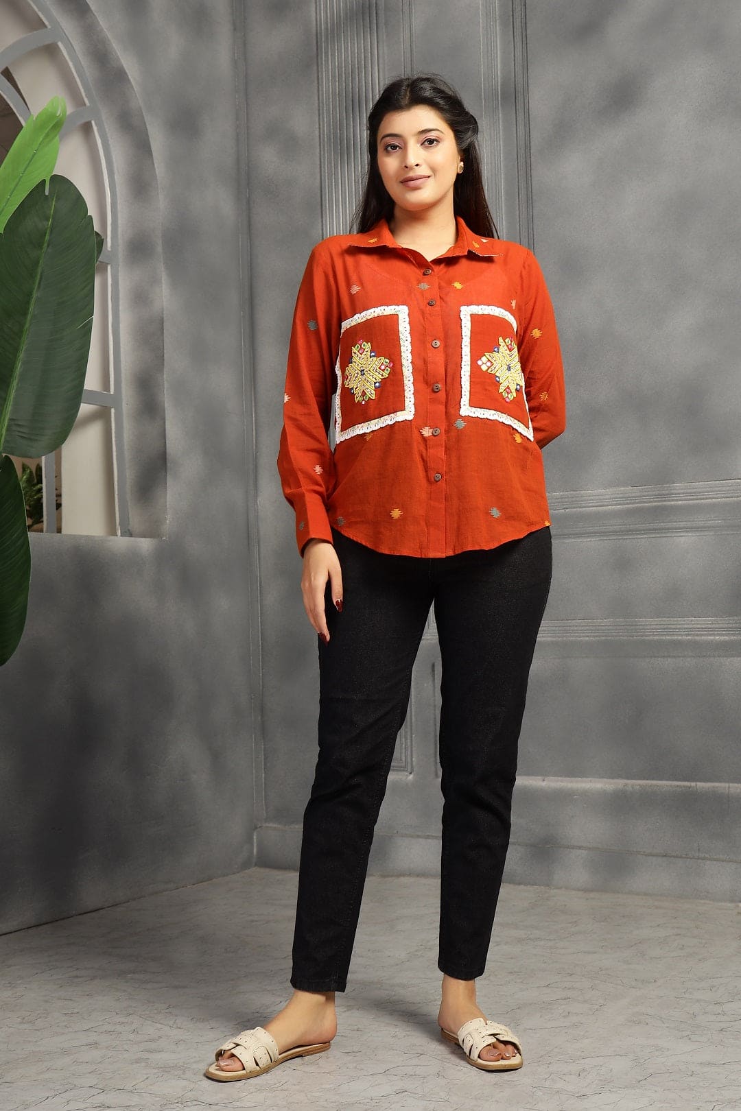 Jamdani Women Shirt - Rust - Charkha TalesJamdani Women Shirt - Rust