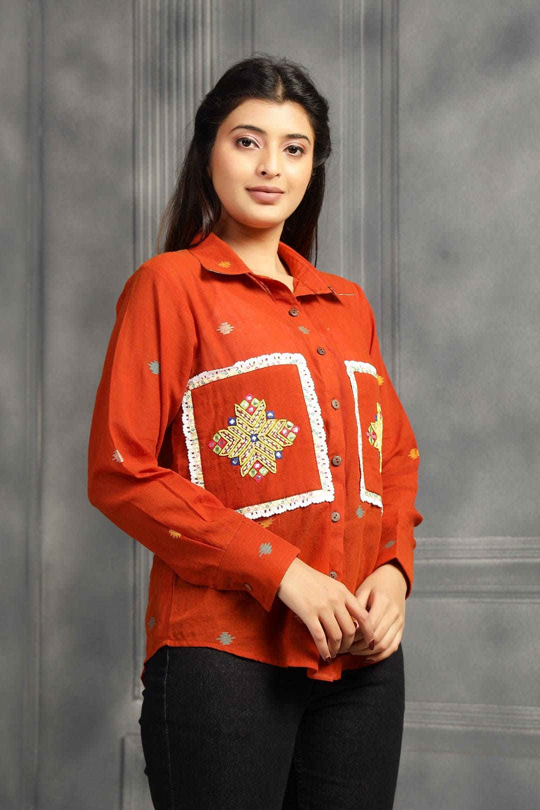 Jamdani Women Shirt - Rust - Charkha TalesJamdani Women Shirt - Rust