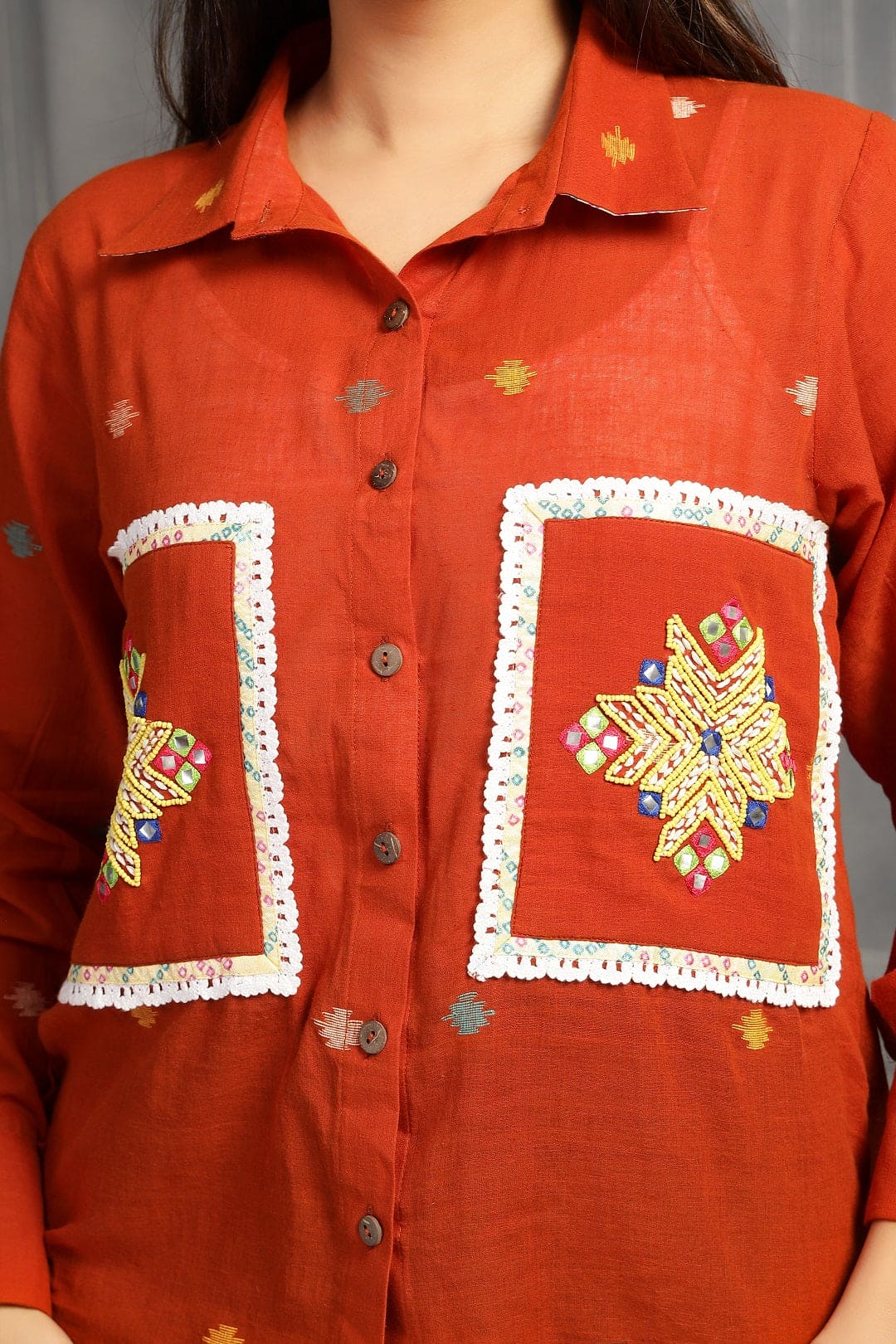 Jamdani Women Shirt - Rust - Charkha TalesJamdani Women Shirt - Rust