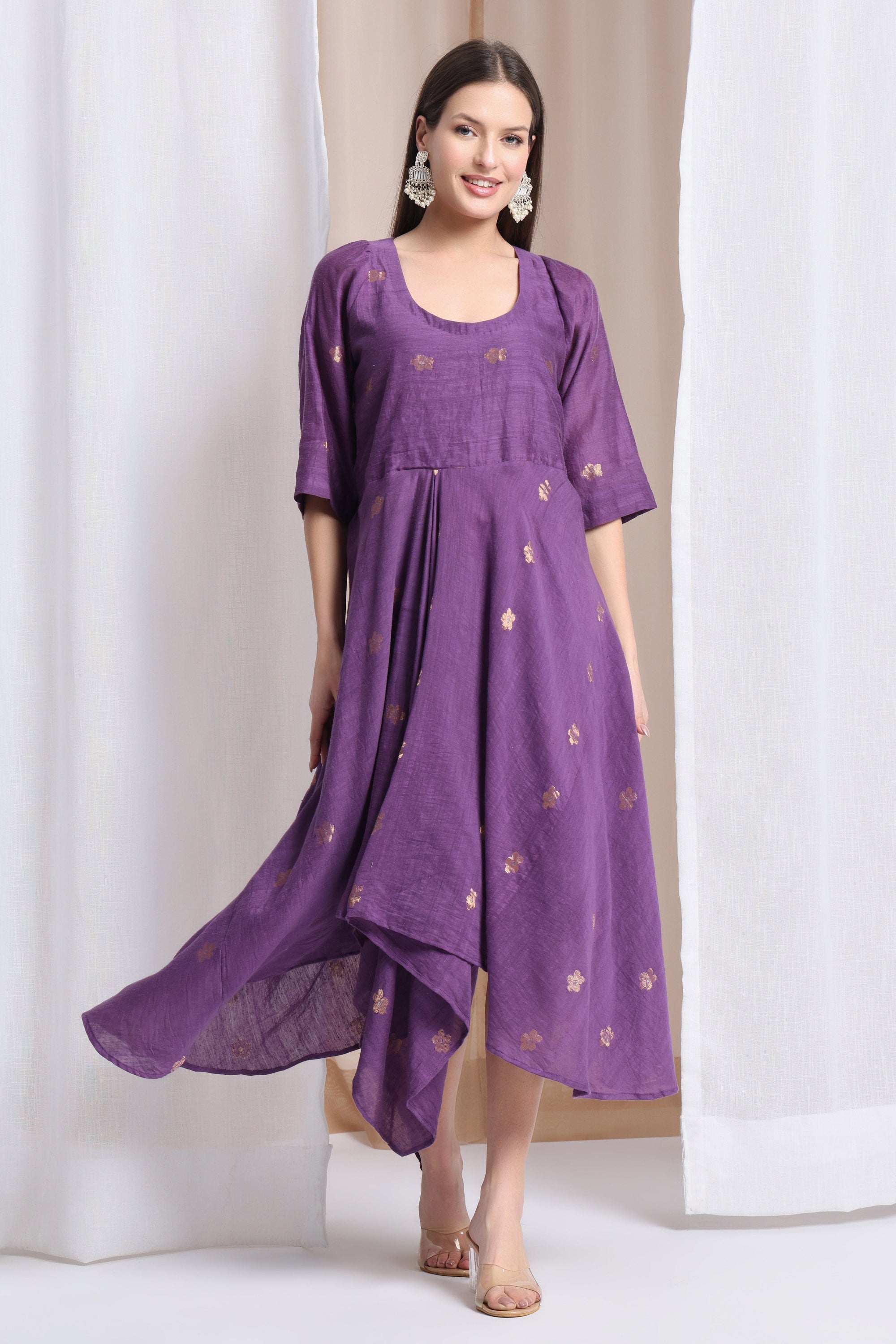 Kaftaan Cape With Handkerchief Dress - Orange Cape & Violet Dress - Charkha TalesKaftaan Cape With Handkerchief Dress - Orange Cape & Violet Dress