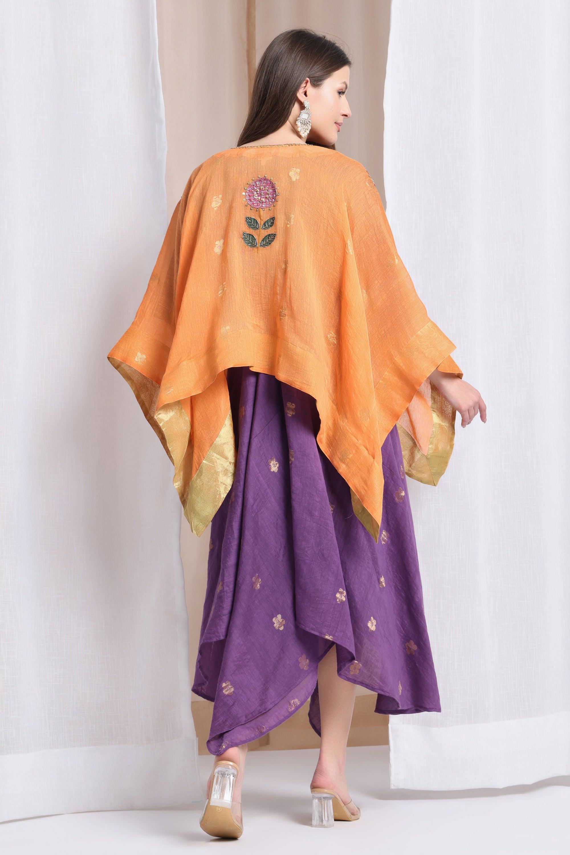 Kaftaan Cape With Handkerchief Dress - Orange Cape & Violet Dress - Charkha TalesKaftaan Cape With Handkerchief Dress - Orange Cape & Violet Dress