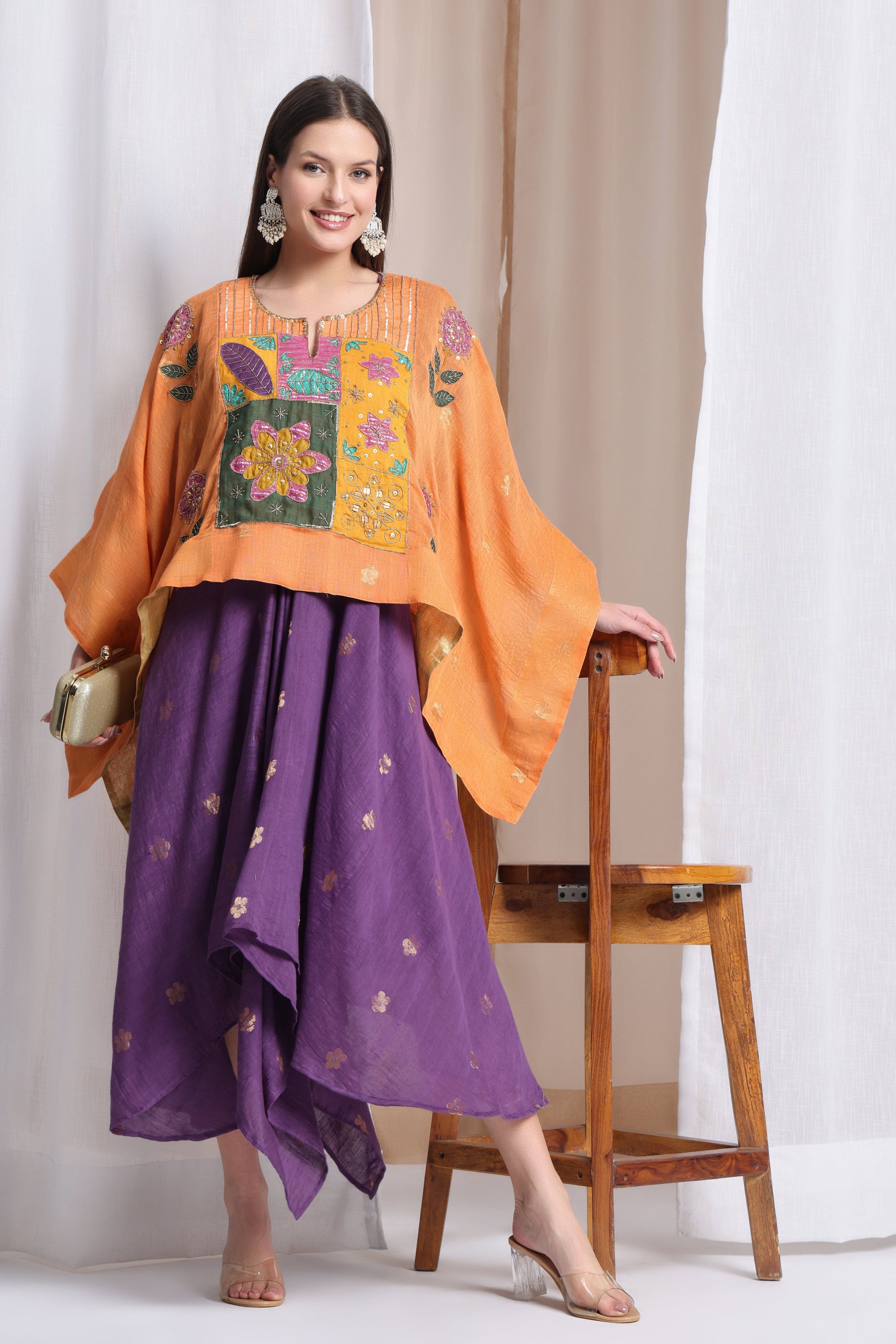 Kaftaan Cape With Handkerchief Dress - Orange Cape & Violet Dress - Charkha TalesKaftaan Cape With Handkerchief Dress - Orange Cape & Violet Dress