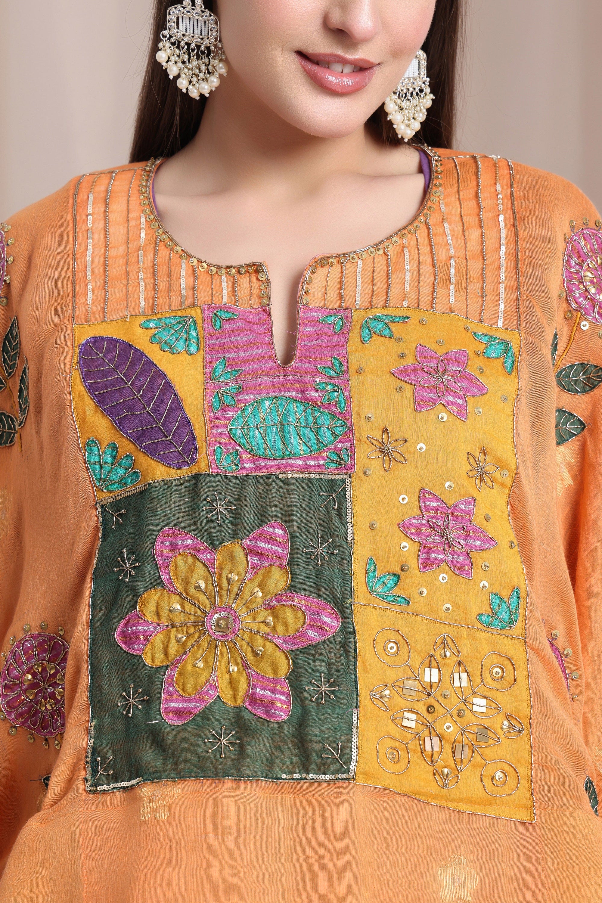 Kaftaan Cape With Handkerchief Dress - Orange Cape & Violet Dress - Charkha TalesKaftaan Cape With Handkerchief Dress - Orange Cape & Violet Dress