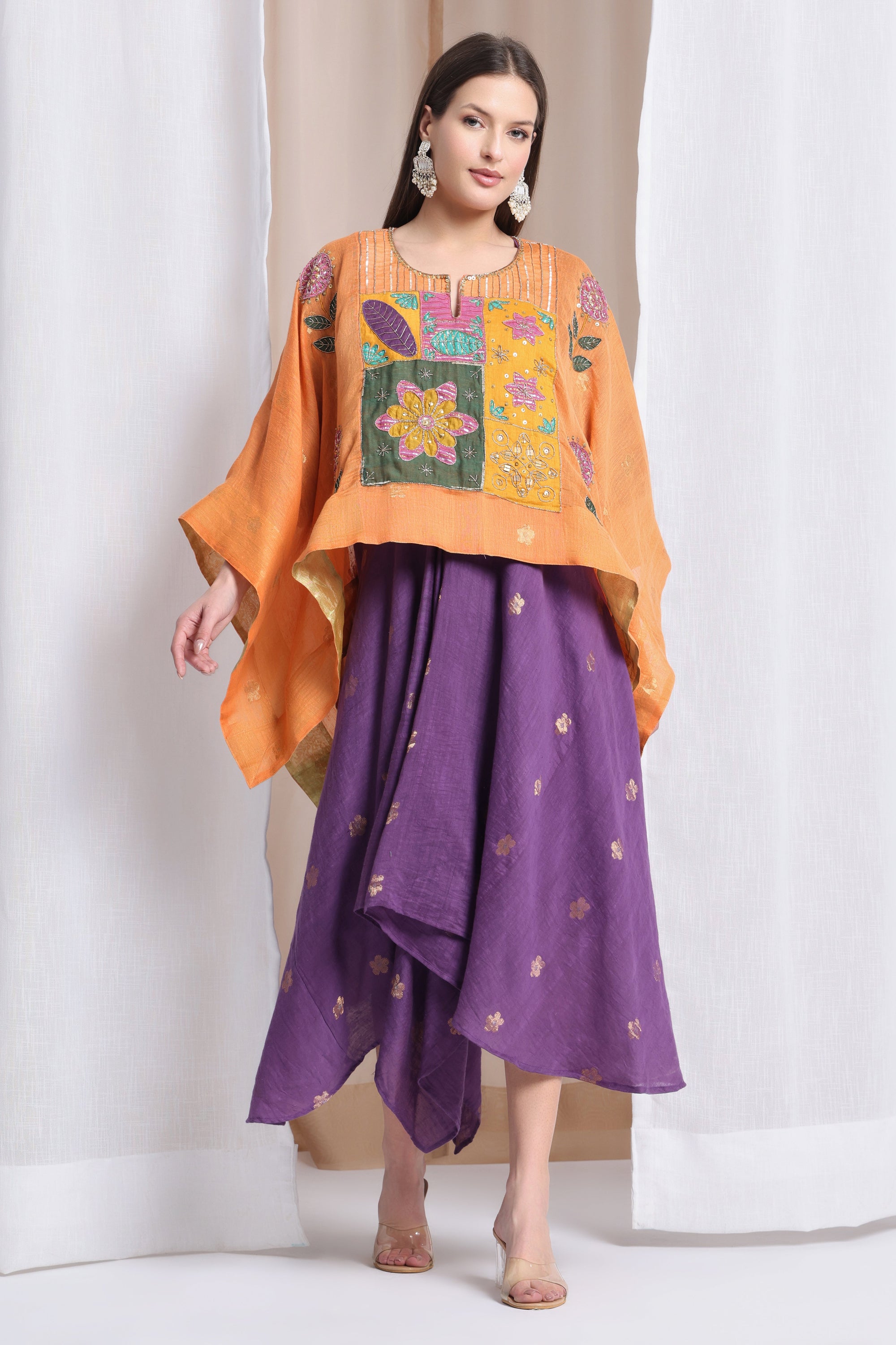 Kaftaan Cape With Handkerchief Dress - Orange Cape & Violet Dress - Charkha TalesKaftaan Cape With Handkerchief Dress - Orange Cape & Violet Dress