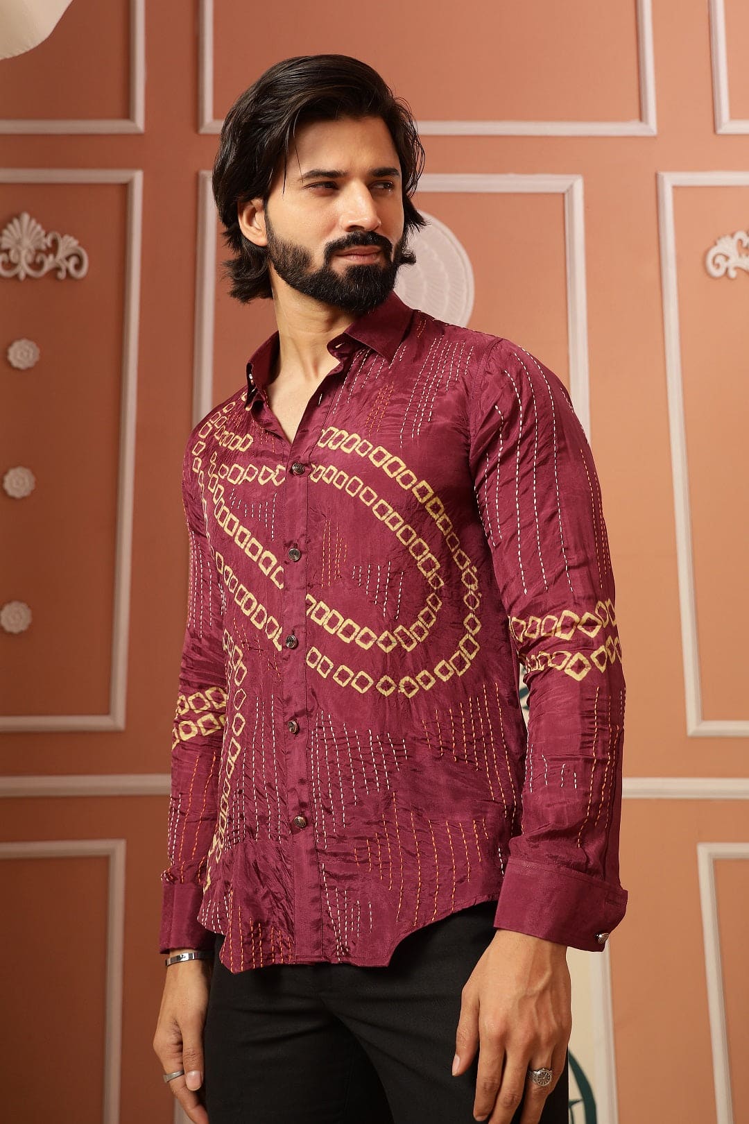 Kantha & Bandhej Men Shirt - Magenta - Charkha TalesKantha & Bandhej Men Shirt - Magenta