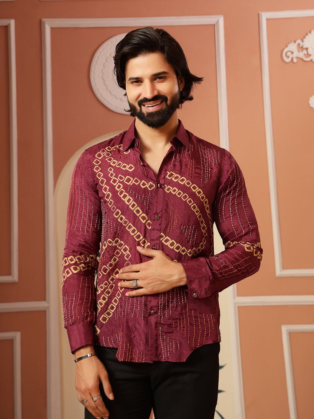 Kantha & Bandhej Men Shirt - Magenta - Charkha TalesKantha & Bandhej Men Shirt - Magenta