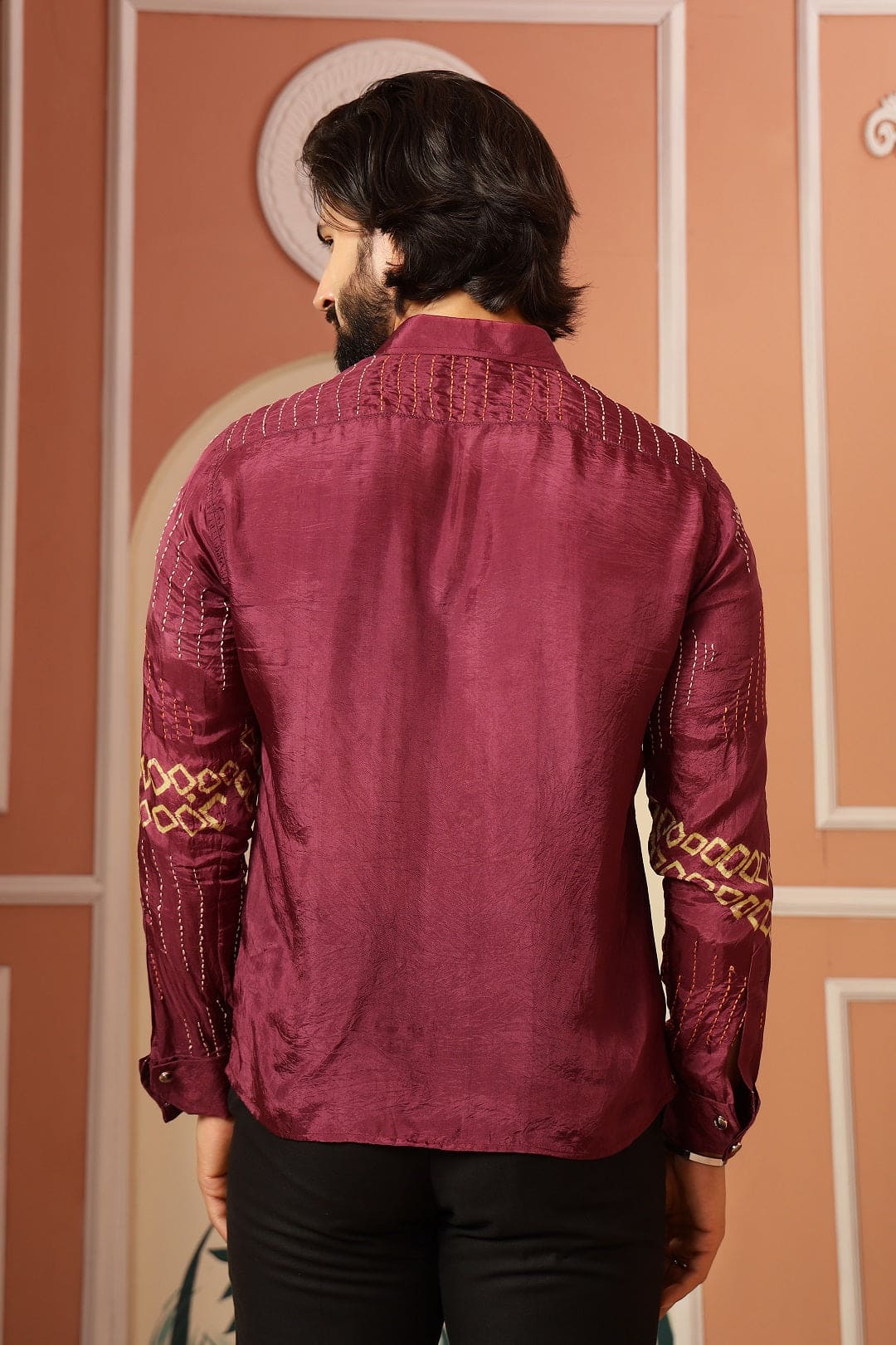 Kantha & Bandhej Men Shirt - Magenta - Charkha TalesKantha & Bandhej Men Shirt - Magenta