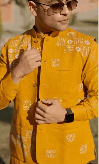 Kantha Cotton Men Kurta Set - Yellow - Charkha TalesKantha Cotton Men Kurta Set - Yellow