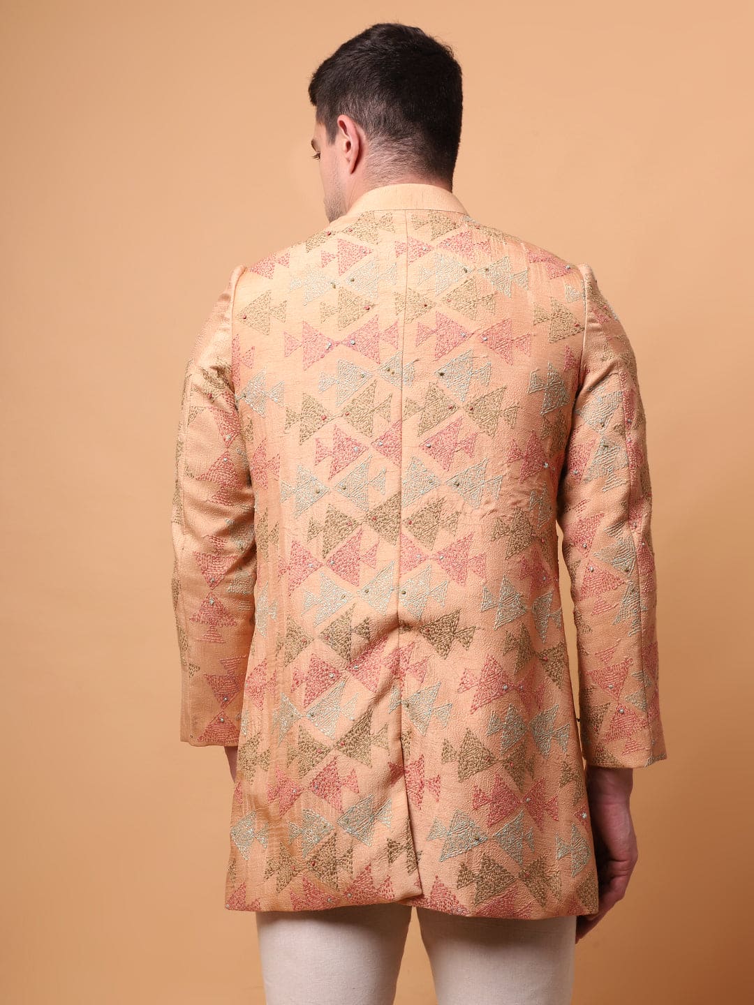 Kantha Men bandgla Jacket - Beige Gold - Charkha TalesKantha Men bandgla Jacket - Beige Gold