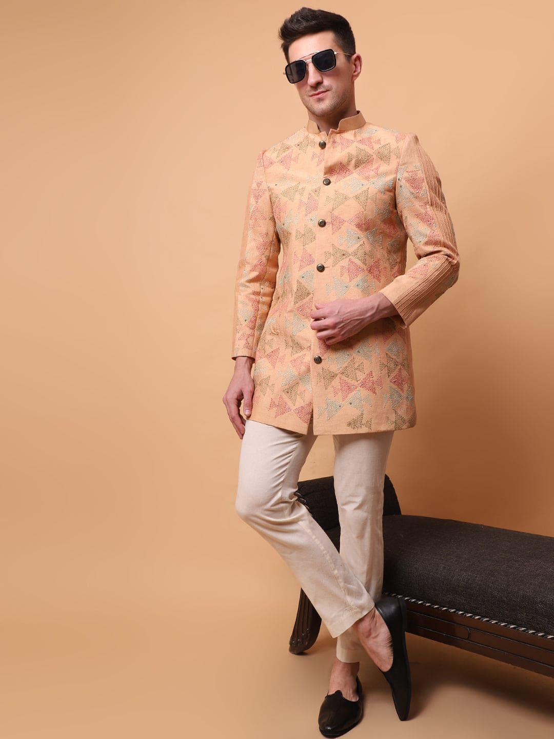 Kantha Men bandgla Jacket - Beige Gold - Charkha TalesKantha Men bandgla Jacket - Beige Gold