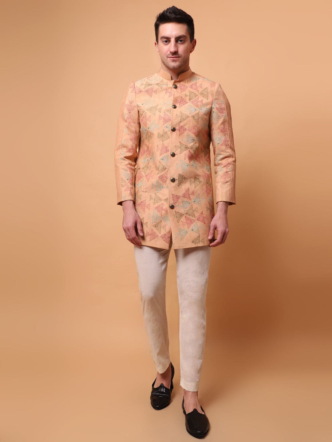 Kantha Men bandgla Jacket - Beige Gold - Charkha TalesKantha Men bandgla Jacket - Beige Gold