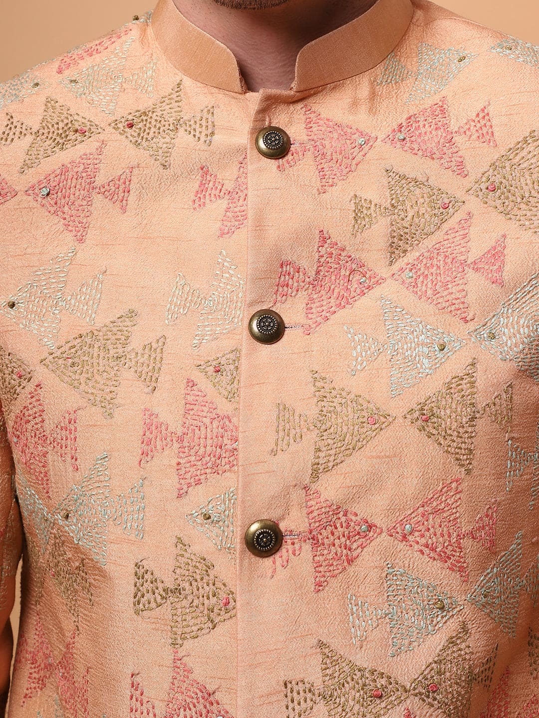 Kantha Men bandgla Jacket - Beige Gold - Charkha TalesKantha Men bandgla Jacket - Beige Gold