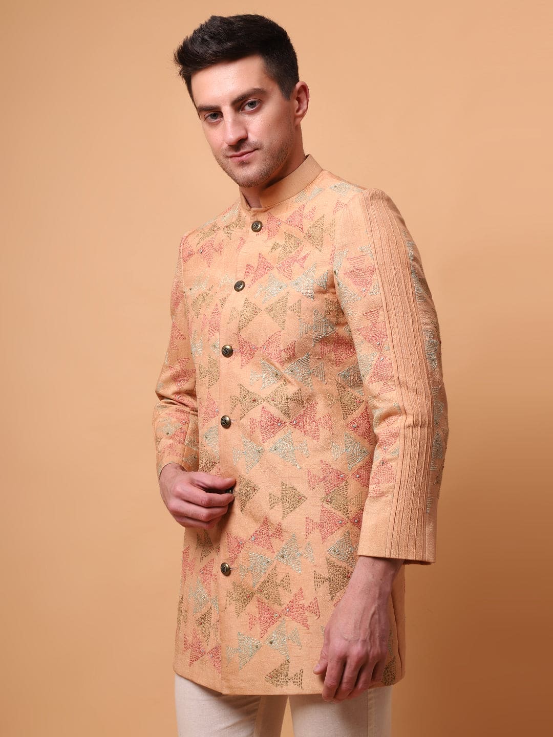Kantha Men bandgla Jacket - Beige Gold - Charkha TalesKantha Men bandgla Jacket - Beige Gold