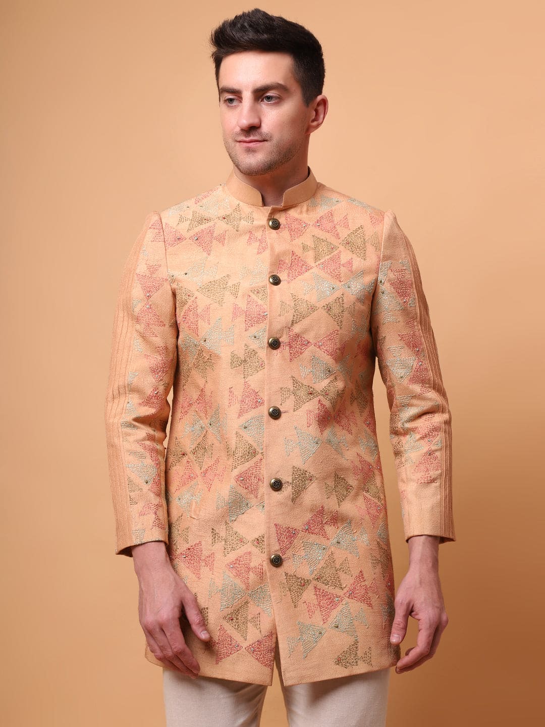 Kantha Men bandgla Jacket - Beige Gold - Charkha TalesKantha Men bandgla Jacket - Beige Gold