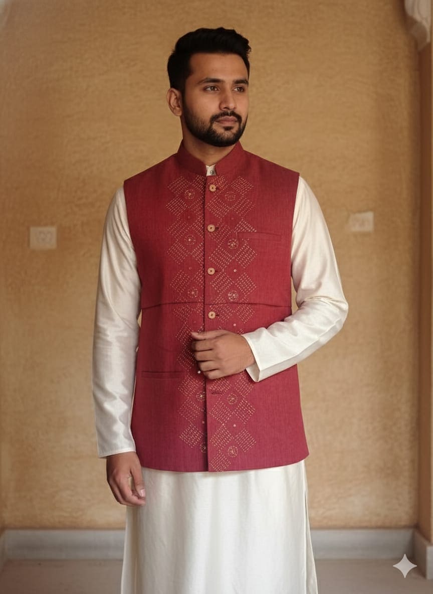 Kantha men Jacket - Maroon - Charkha TalesKantha men Jacket - Maroon