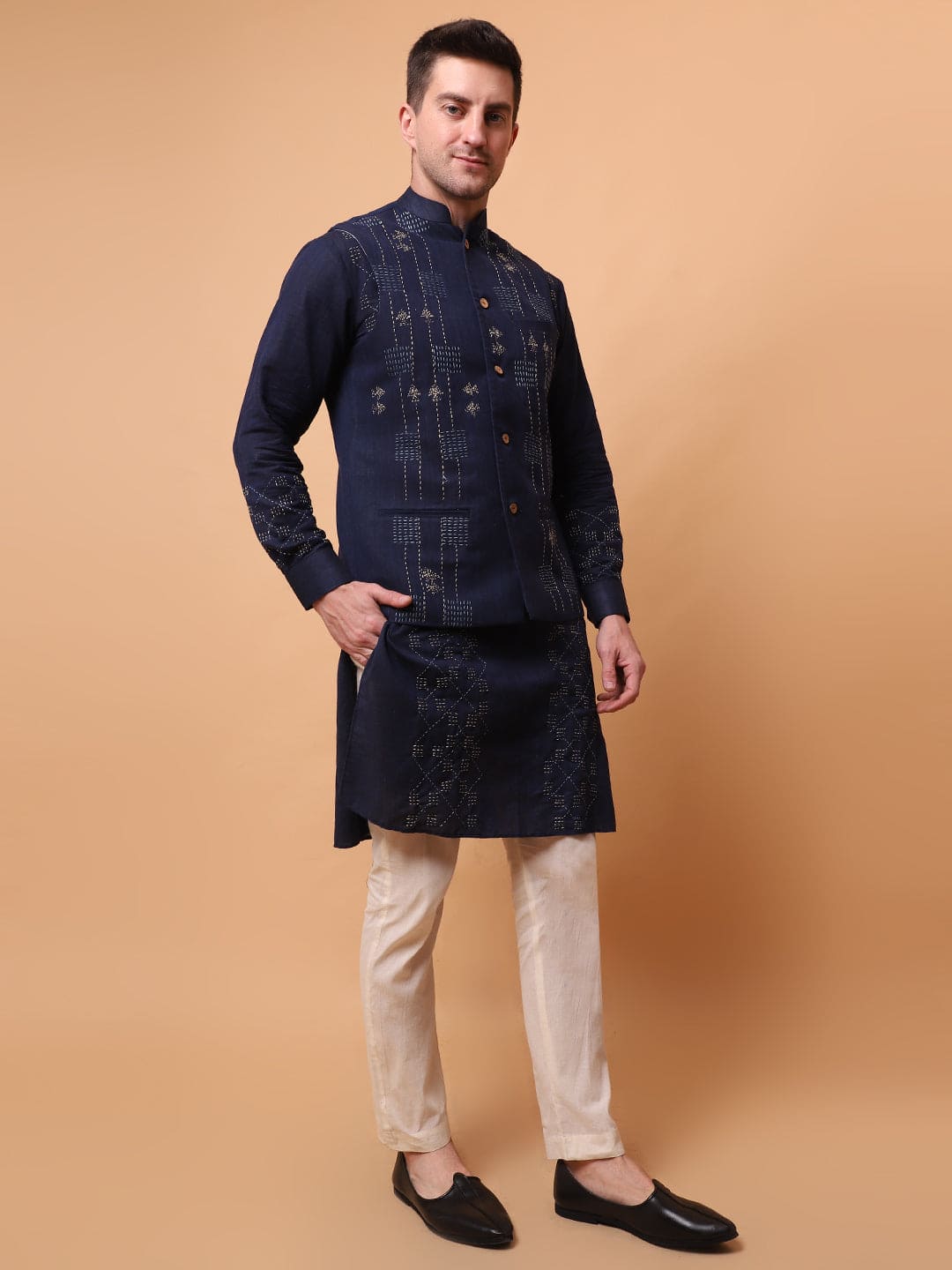 Kantha Work Men Kurta Set - Navy Blue - Charkha TalesKantha Work Men Kurta Set - Navy Blue