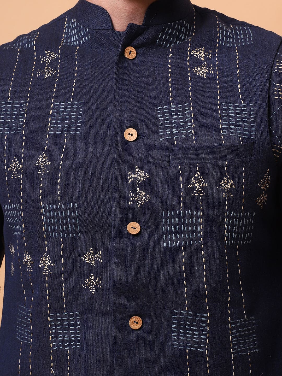Kantha Work Men Kurta Set - Navy Blue - Charkha TalesKantha Work Men Kurta Set - Navy Blue