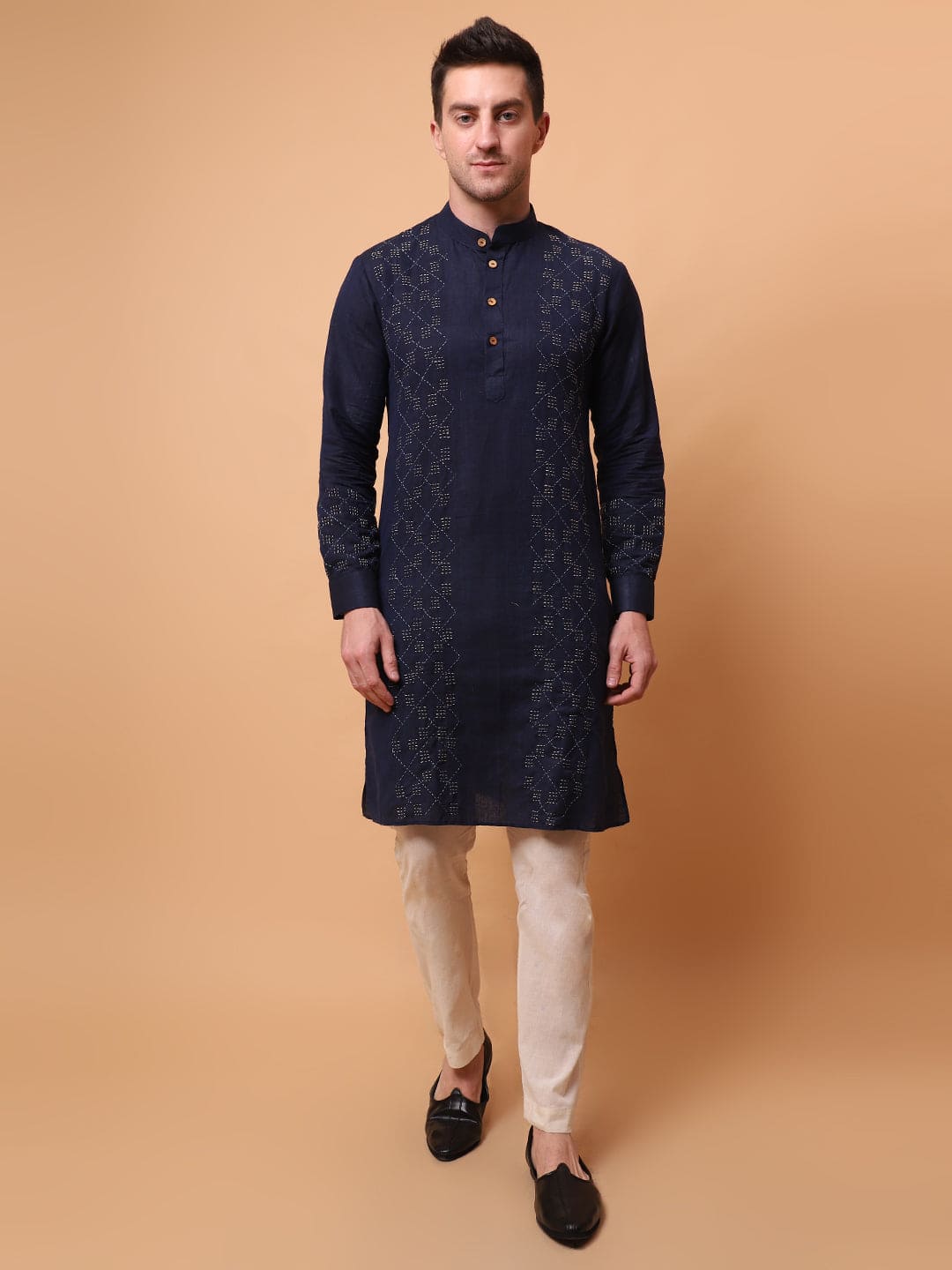 Kantha Work Men Kurta Set - Navy Blue - Charkha TalesKantha Work Men Kurta Set - Navy Blue
