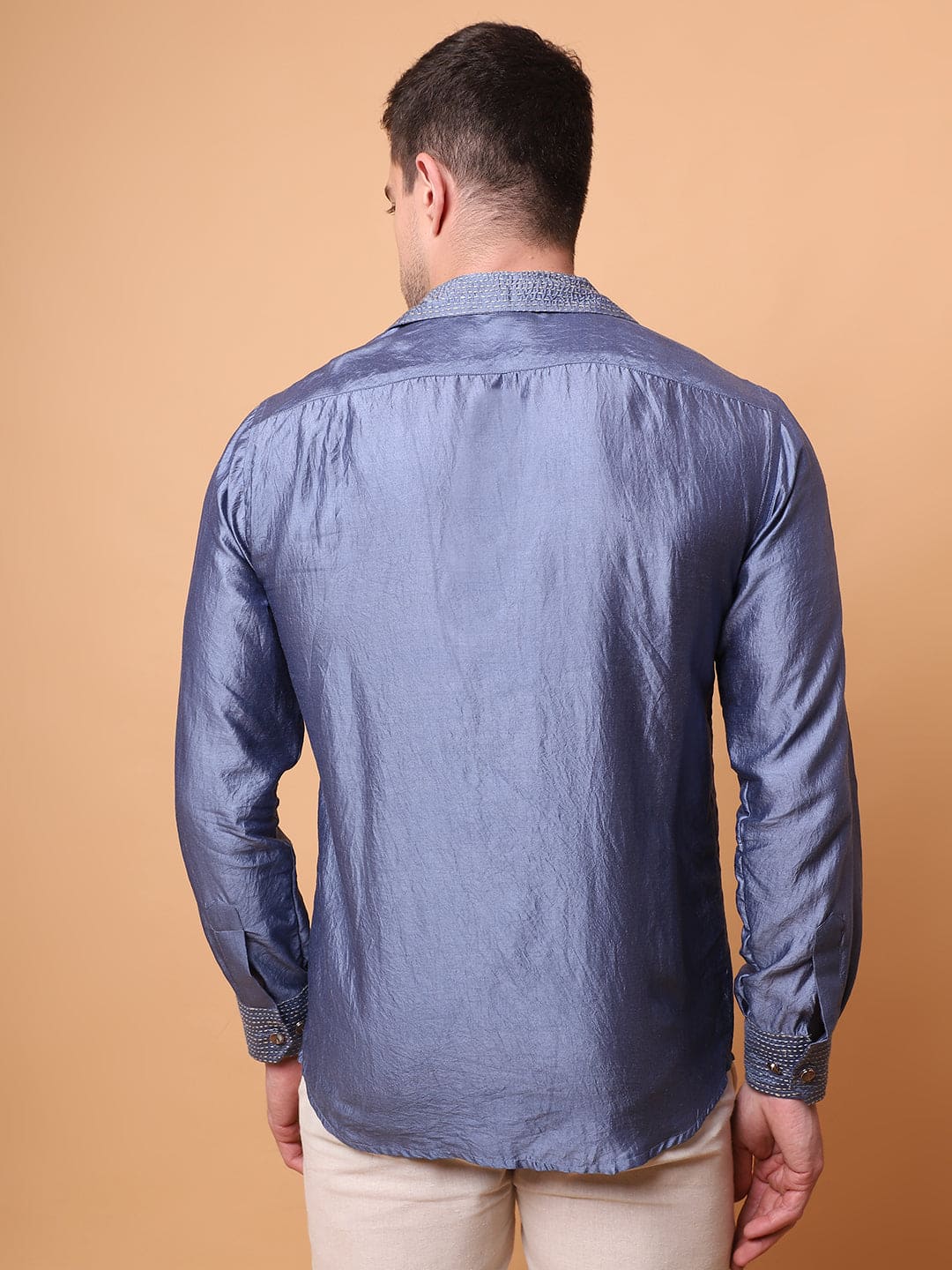 Kantha Work Men Shirt - Blue - Charkha TalesKantha Work Men Shirt - Blue