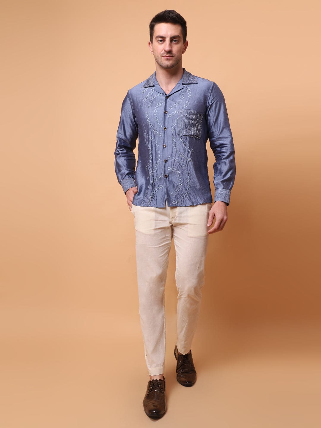 Kantha Work Men Shirt - Blue - Charkha TalesKantha Work Men Shirt - Blue