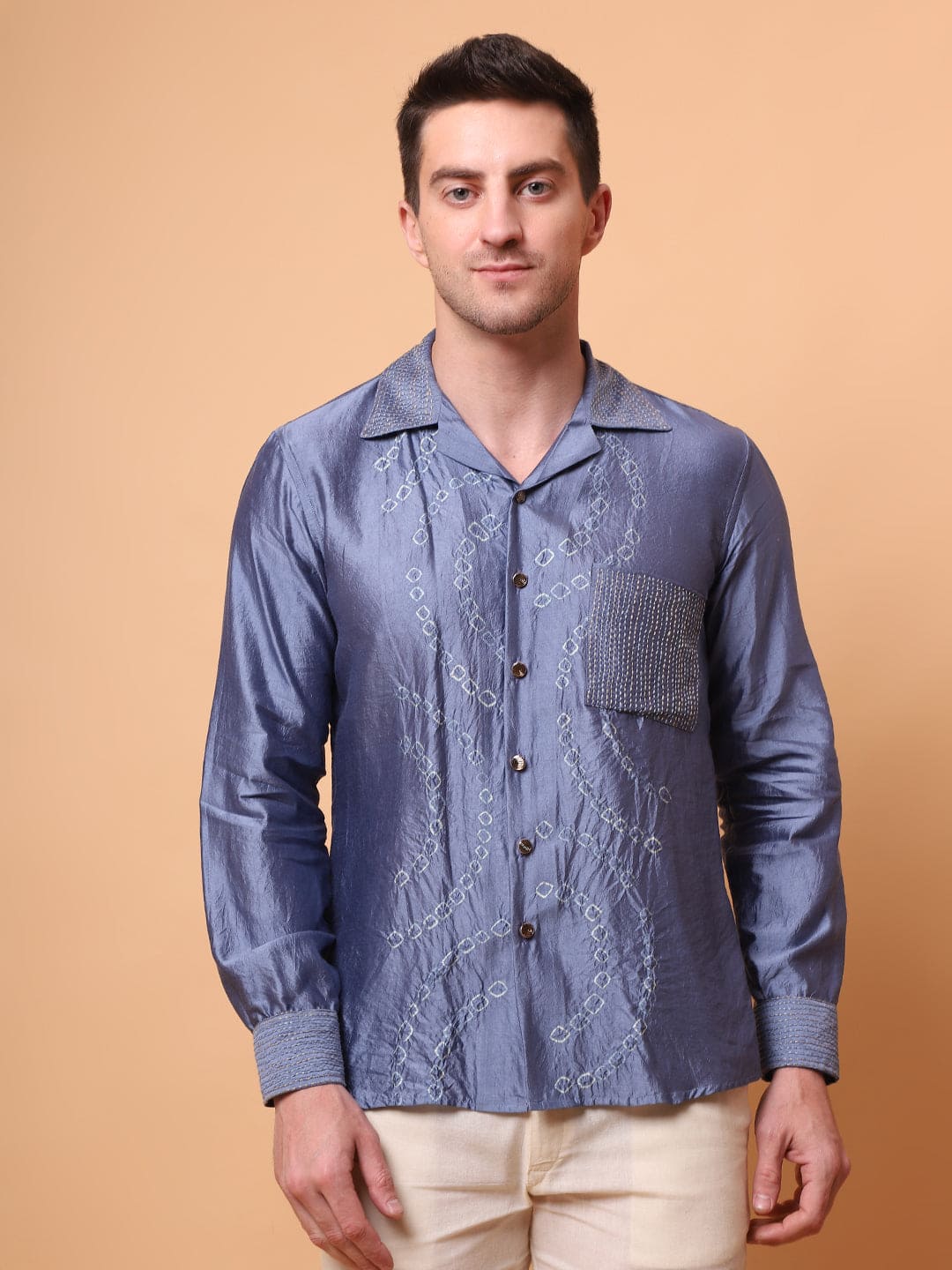 Kantha Work Men Shirt - Blue - Charkha TalesKantha Work Men Shirt - Blue