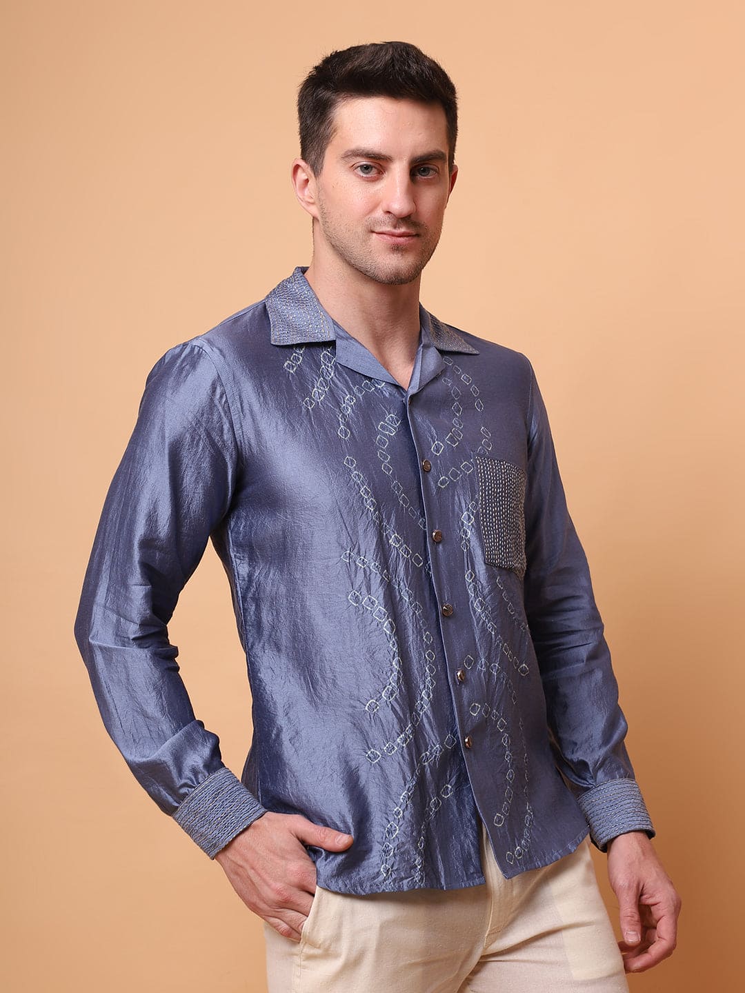 Kantha Work Men Shirt - Blue - Charkha TalesKantha Work Men Shirt - Blue