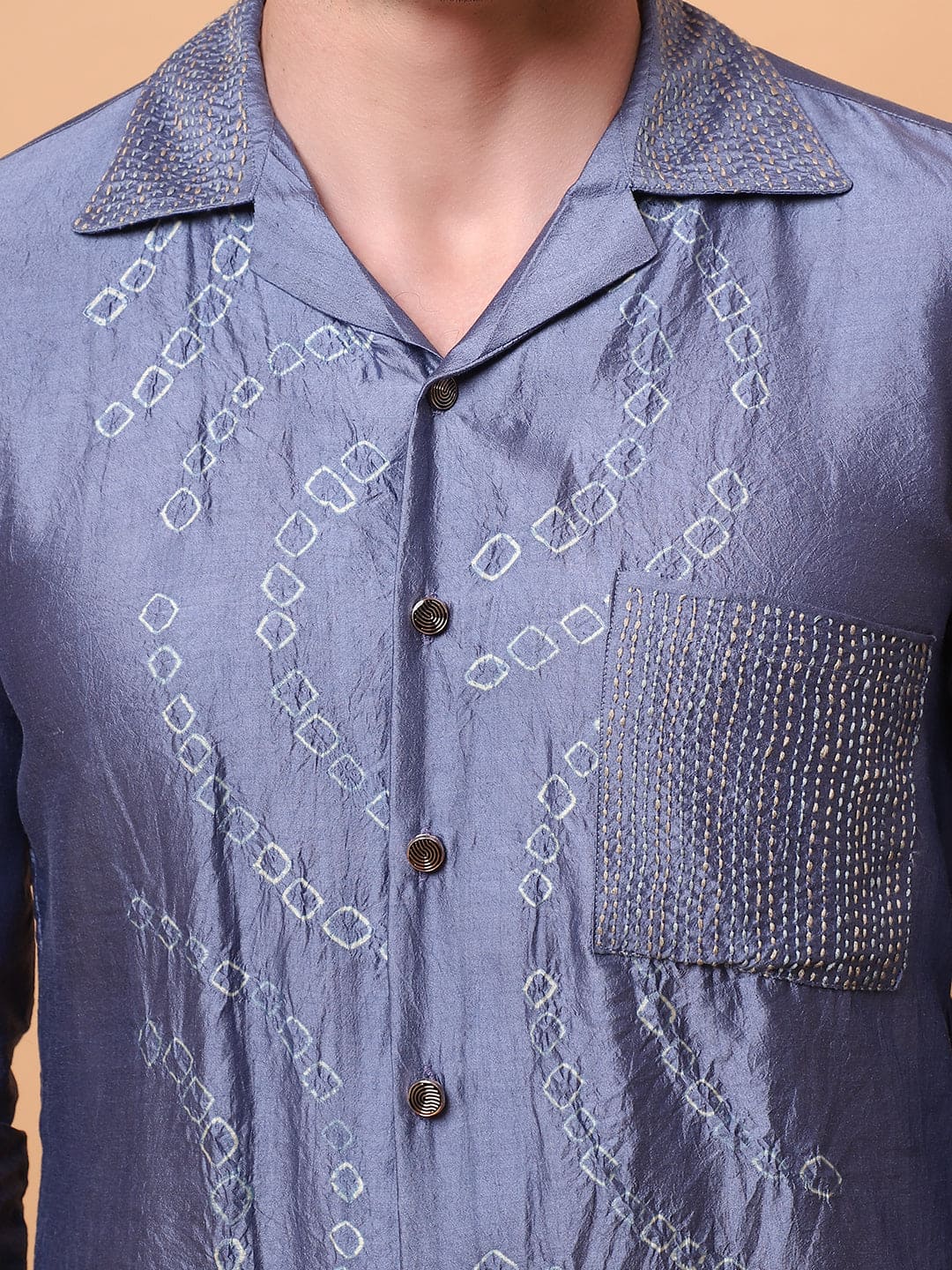 Kantha Work Men Shirt - Blue - Charkha TalesKantha Work Men Shirt - Blue