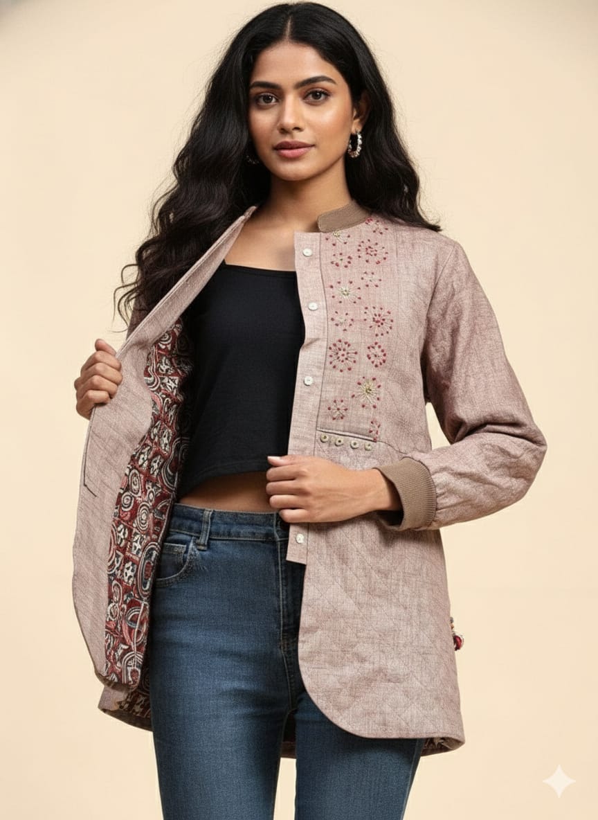 Khadi Cotton Kantha Jacket - Beige - Charkha TalesKhadi Cotton Kantha Jacket - Beige