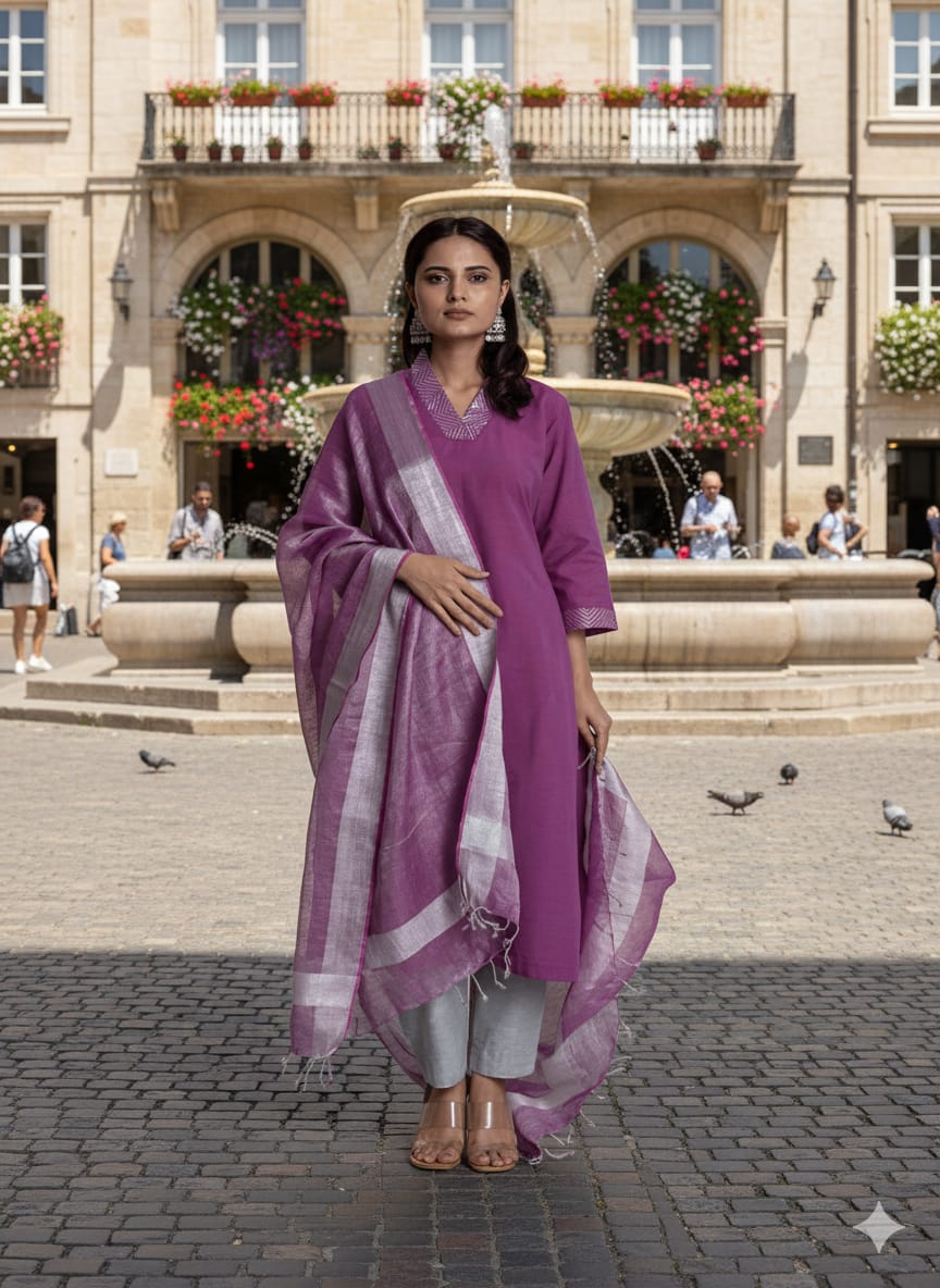 Khadi Dabka Work Kurta Set - Purple - Charkha TalesKhadi Dabka Work Kurta Set - Purple