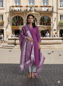 Khadi Dabka Work Kurta Set - Purple