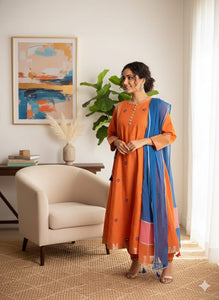 Linen Embroiderd Kurta Set - Rust Orange