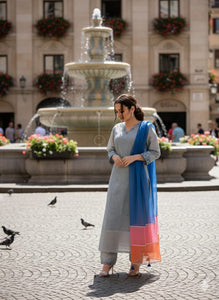 Linen Embroidered Kurta set - Grey