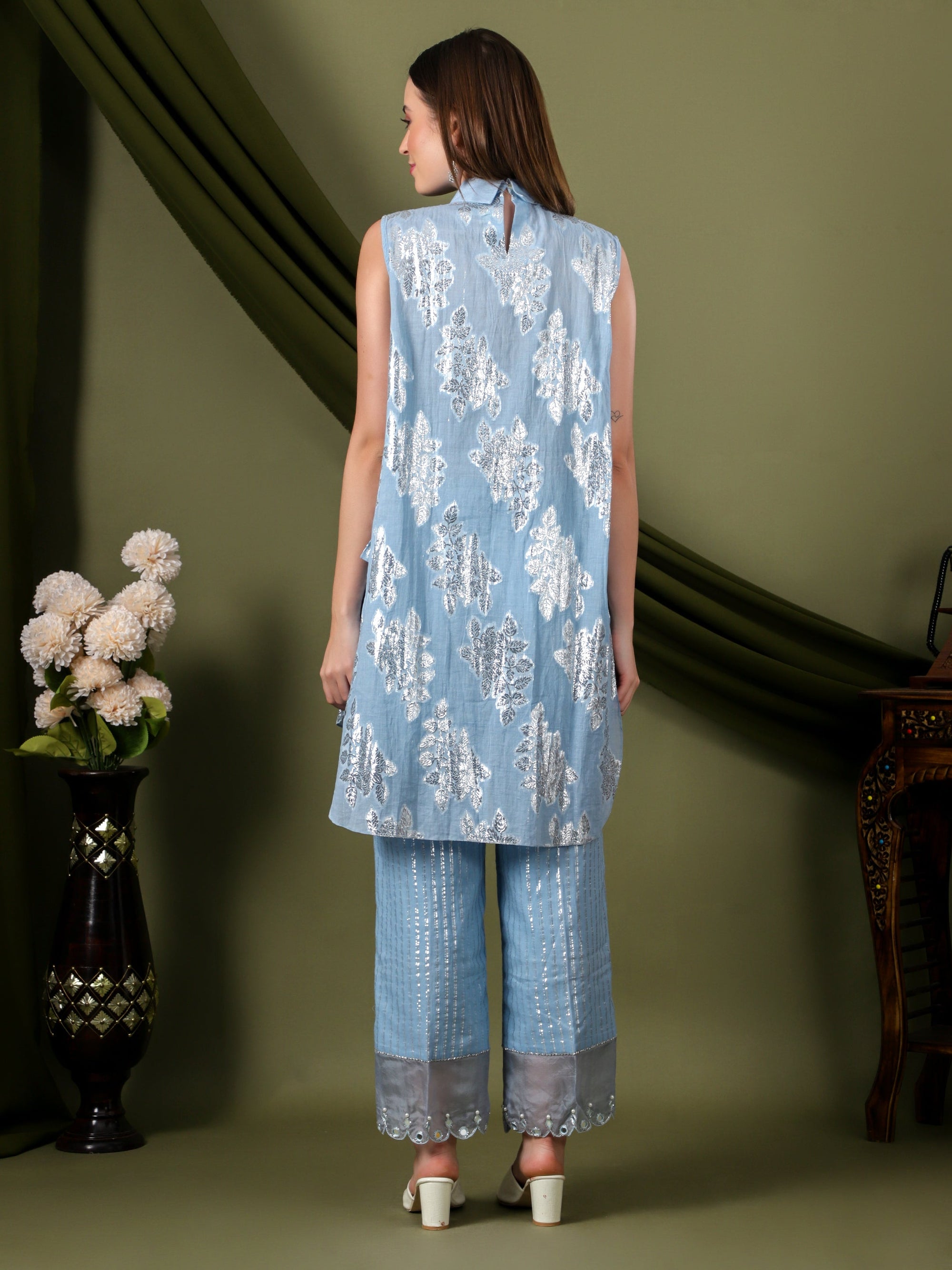 Lurex Cotton Women Co - Ord Set - Blue - Charkha TalesLurex Cotton Women Co - Ord Set - Blue