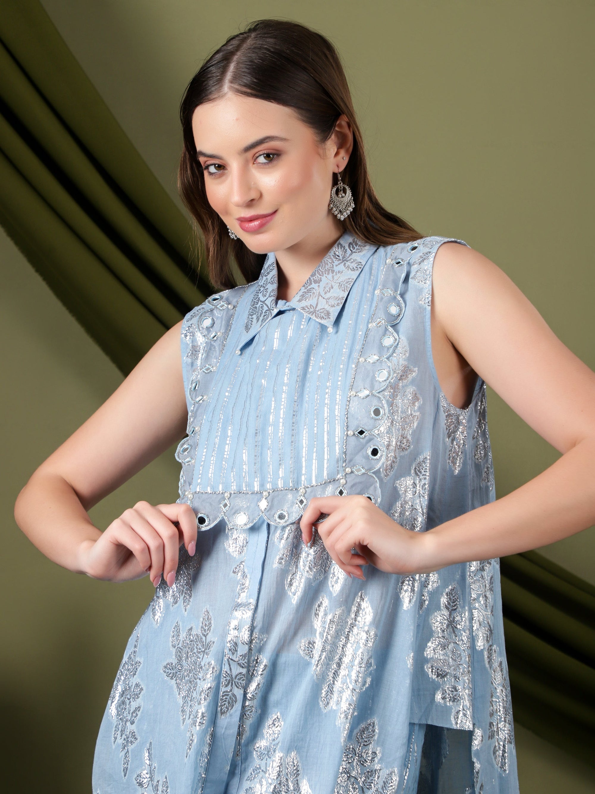 Lurex Cotton Women Co - Ord Set - Blue - Charkha TalesLurex Cotton Women Co - Ord Set - Blue