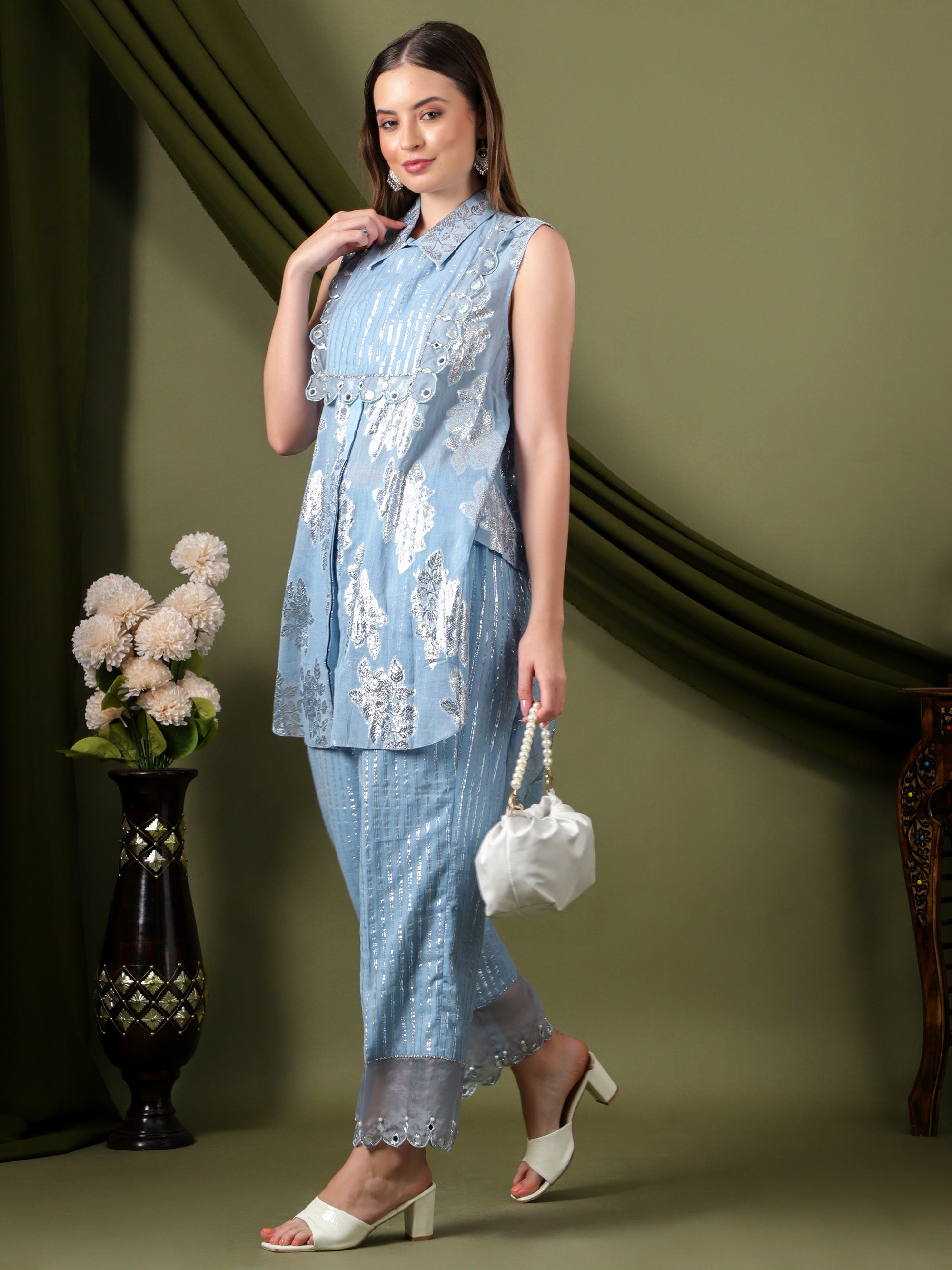 Lurex Cotton Women Co - Ord Set - Blue - Charkha TalesLurex Cotton Women Co - Ord Set - Blue