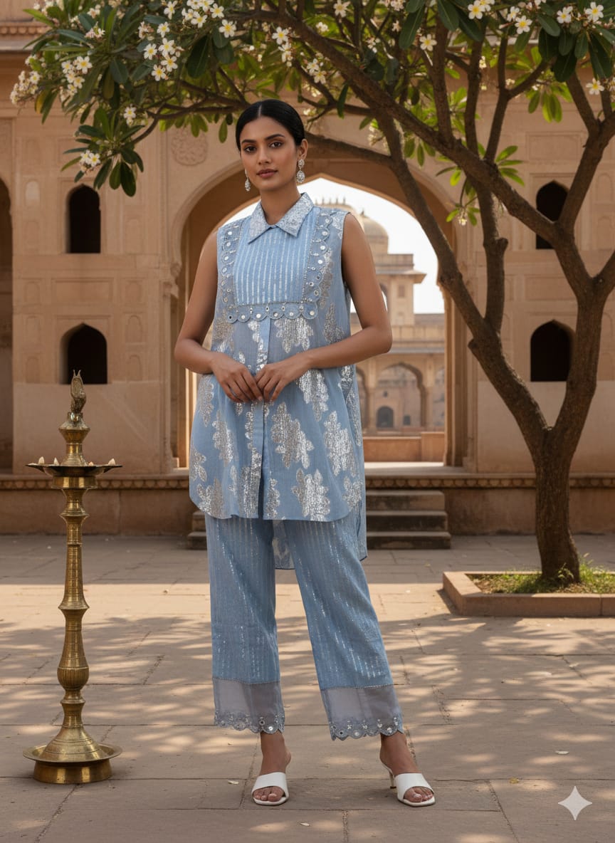 Lurex Cotton Women Co - Ord Set - Blue - Charkha TalesLurex Cotton Women Co - Ord Set - Blue
