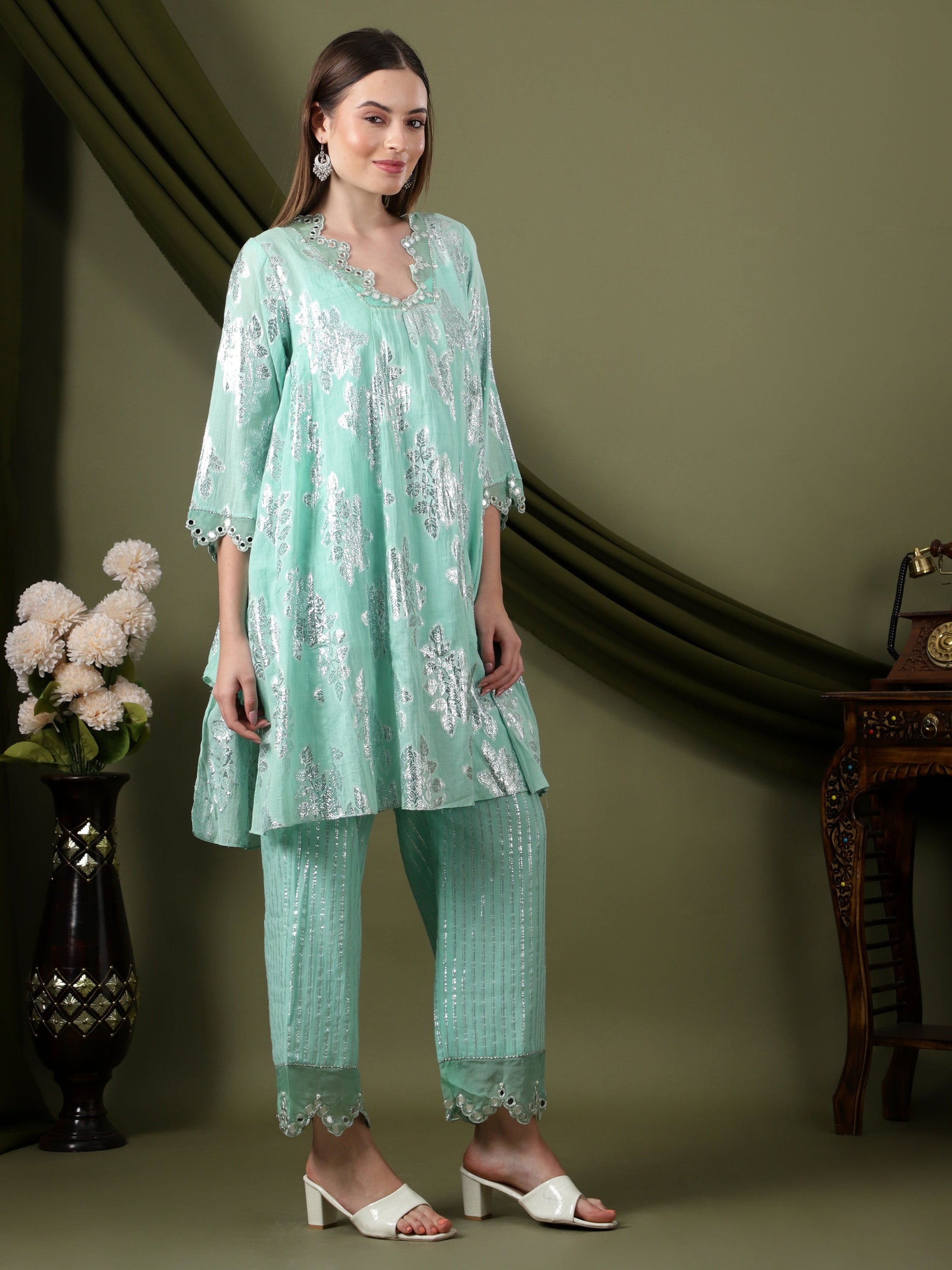 Lurex Cotton Women Kurta Set - Aqua Blue - Charkha TalesLurex Cotton Women Kurta Set - Aqua Blue