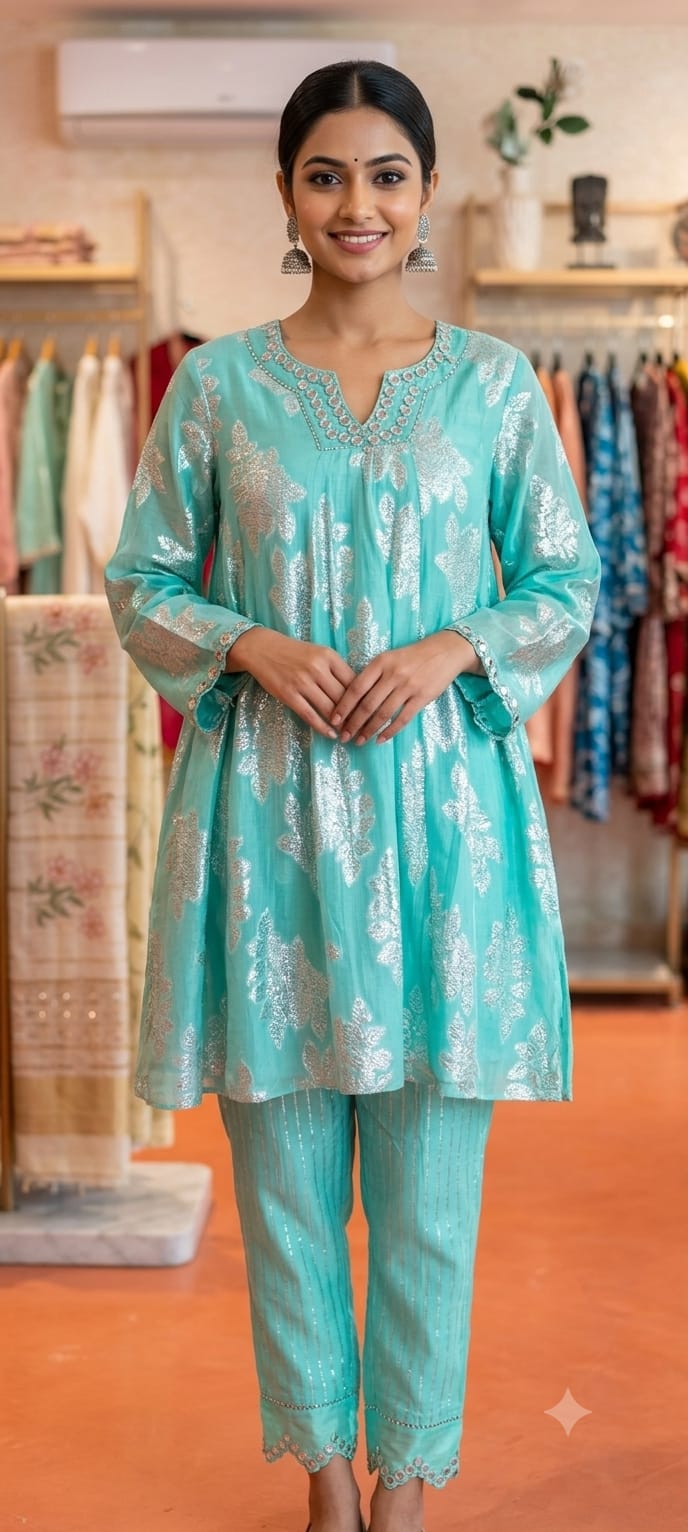 Lurex Cotton Women Kurta Set - Aqua Blue - Charkha TalesLurex Cotton Women Kurta Set - Aqua Blue