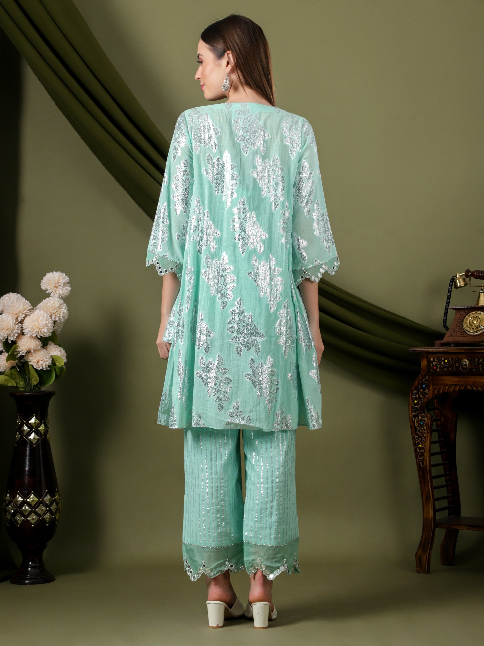 Lurex Cotton Women Kurta Set - Aqua Blue - Charkha TalesLurex Cotton Women Kurta Set - Aqua Blue