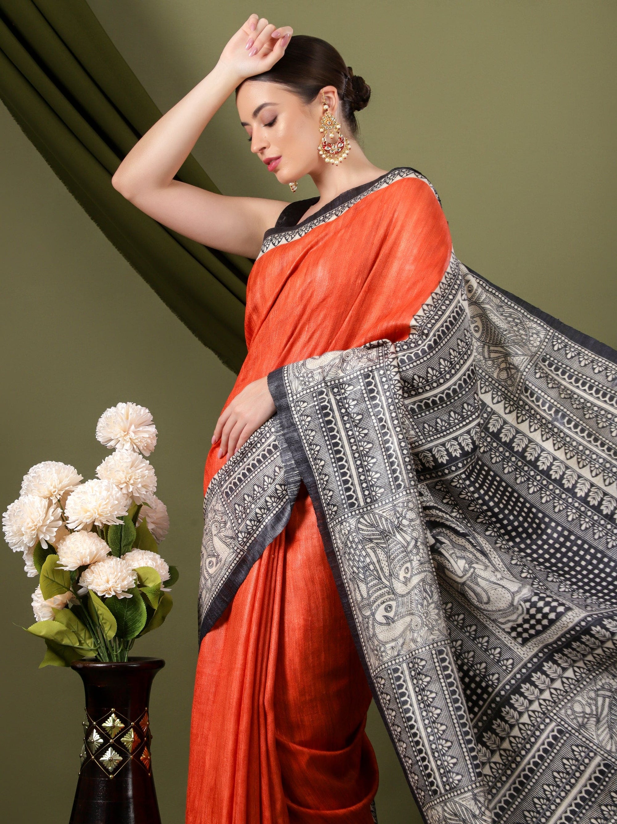 Madhubani Print Sil Saree - Orange & Black - Charkha TalesMadhubani Print Sil Saree - Orange & Black