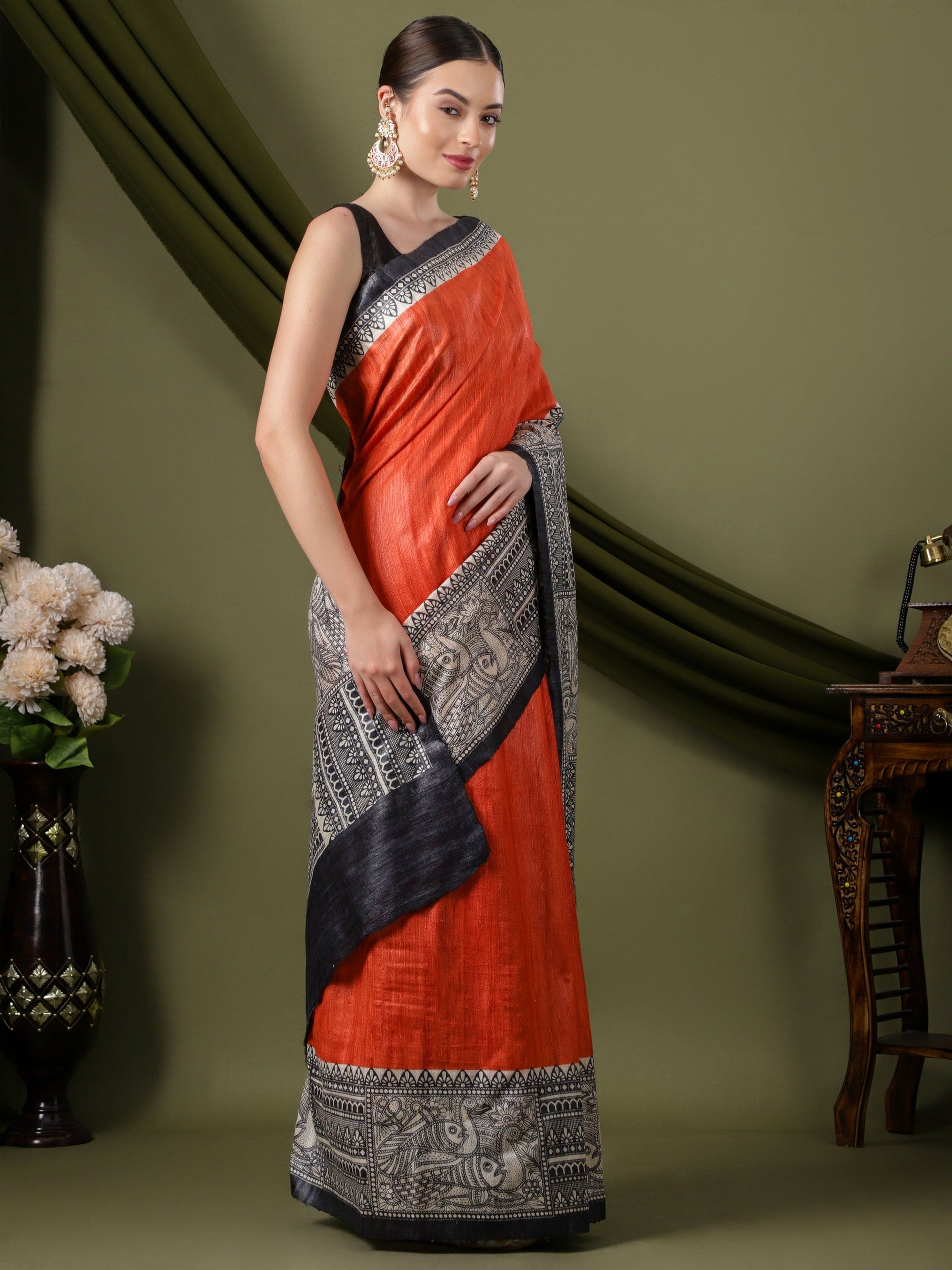 Madhubani Print Sil Saree - Orange & Black - Charkha TalesMadhubani Print Sil Saree - Orange & Black