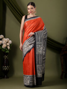 Madhubani Print Sil Saree  - Orange & Black